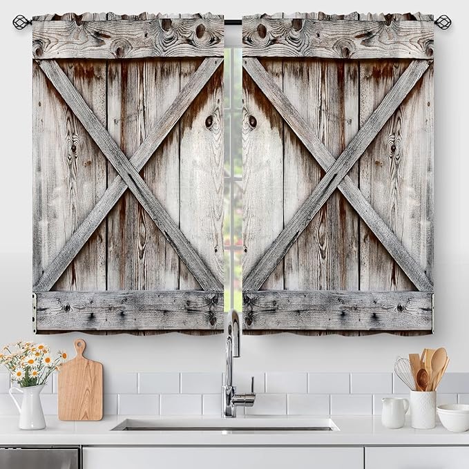 Amazon.com: Rustic Barn Door Kitchen Curtains, Grey Wooden Wood Farmhouse Country Vintage Small ...