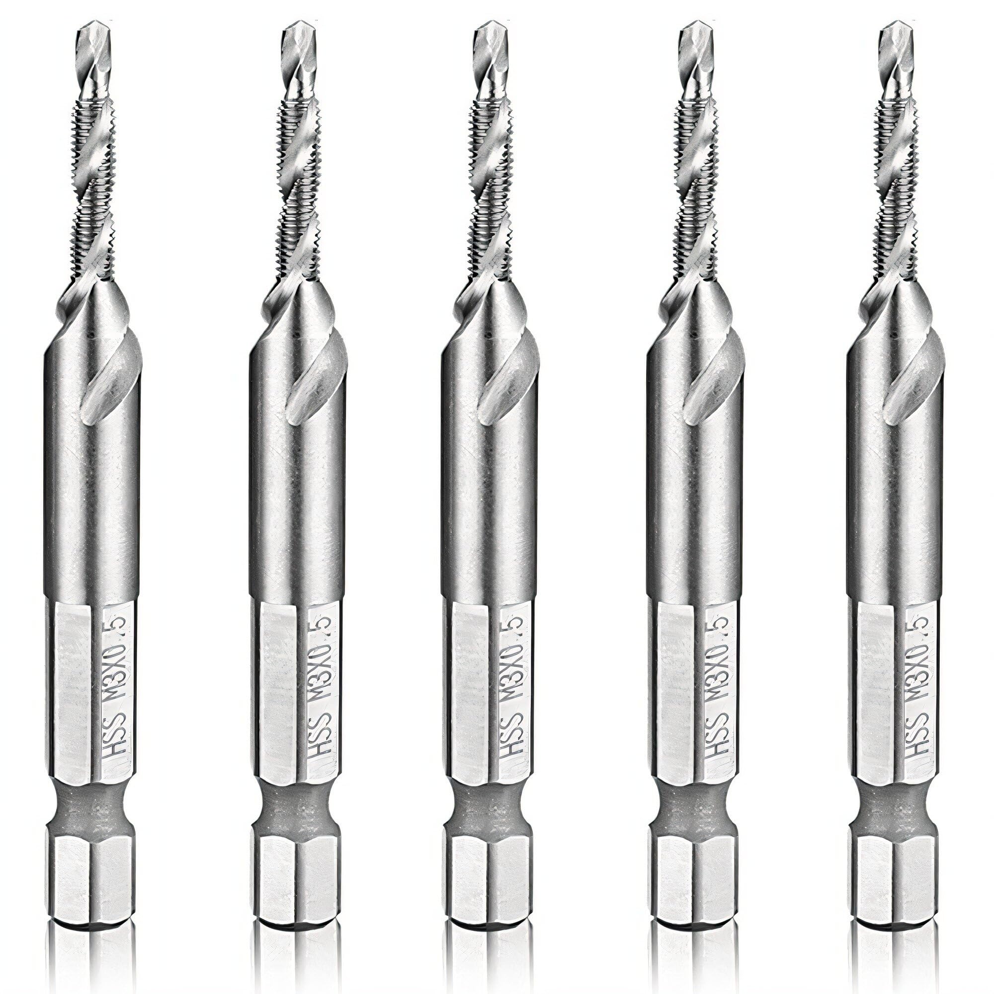 Hymnorq Combination Tap and Drill Bit, 5-Piece Set, M3 x 0.5mm, High-Speed Steel, Dual Twist Flute, 118° Split Point, 1/4" Hex Shank