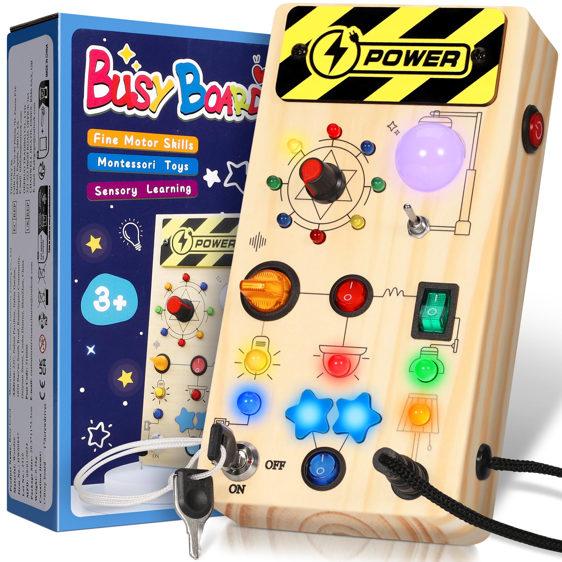 Motessori Busy Board de Actividad Sensorial 1 Año+ con 16 Luces LED y 9 ​​Interruptores, Juguete Educativo Montessori de Madera para Niños y Niñas de 1 a 7 Años, Juguete Educativo de Viaje