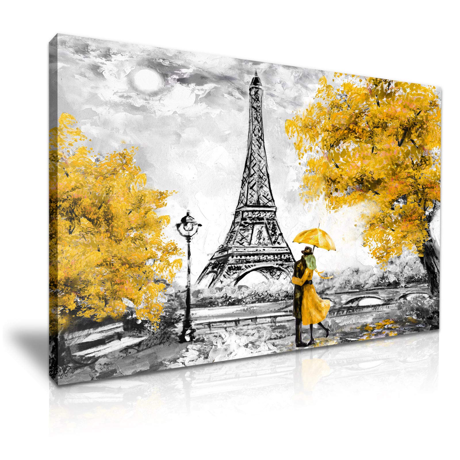 Lover Couple France Paris Street View Eiffel Tower Yellow Umbrella Canvas Wall Art Picture Print - Gift For Modern Family Home Office Hotel Decoration (XL: 91cm X 61cm)