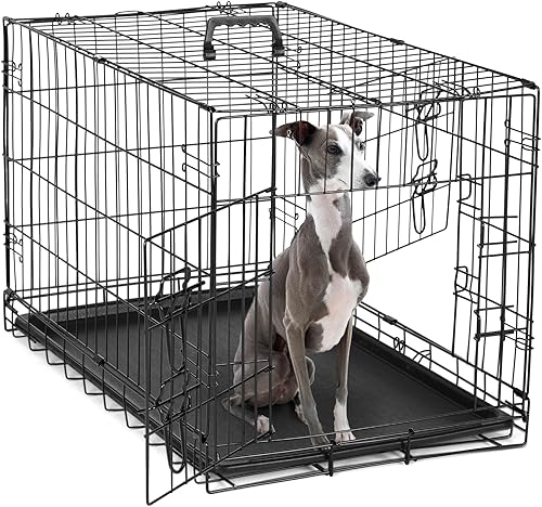 DUMOS Jaula para perros, jaula mediana de doble puerta de 36 pulgadas con panel divisor y bandeja de plástico a prueba de fugas, perrera plegable de