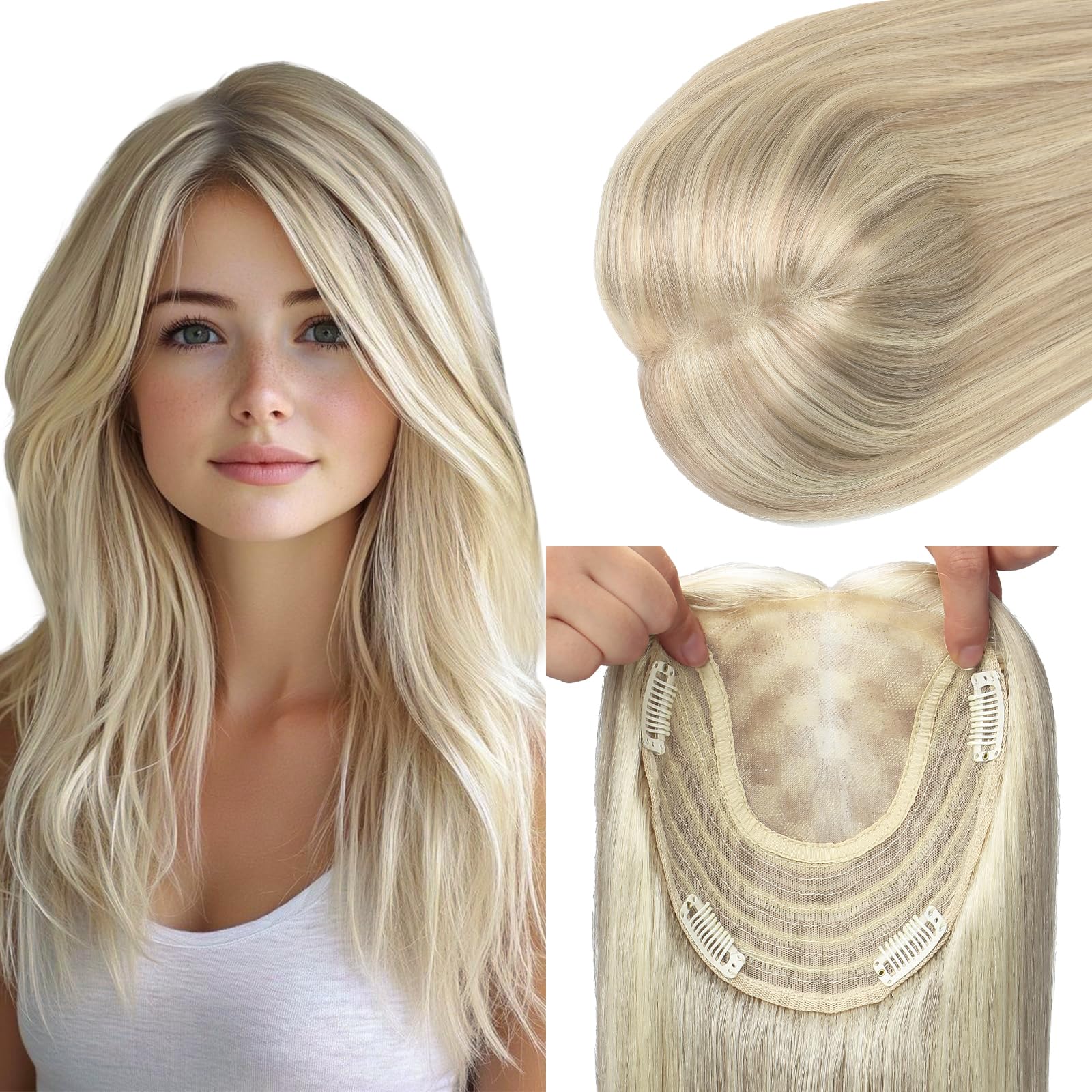 HAIR Toppers for Women Real Human Hair 150 Density 14 inch 65 grams 6x7 inch Caramel Blonde Highlighted Blonde lace Silk Base Clip in Hair Pieces for Women（#18P60 14inch）