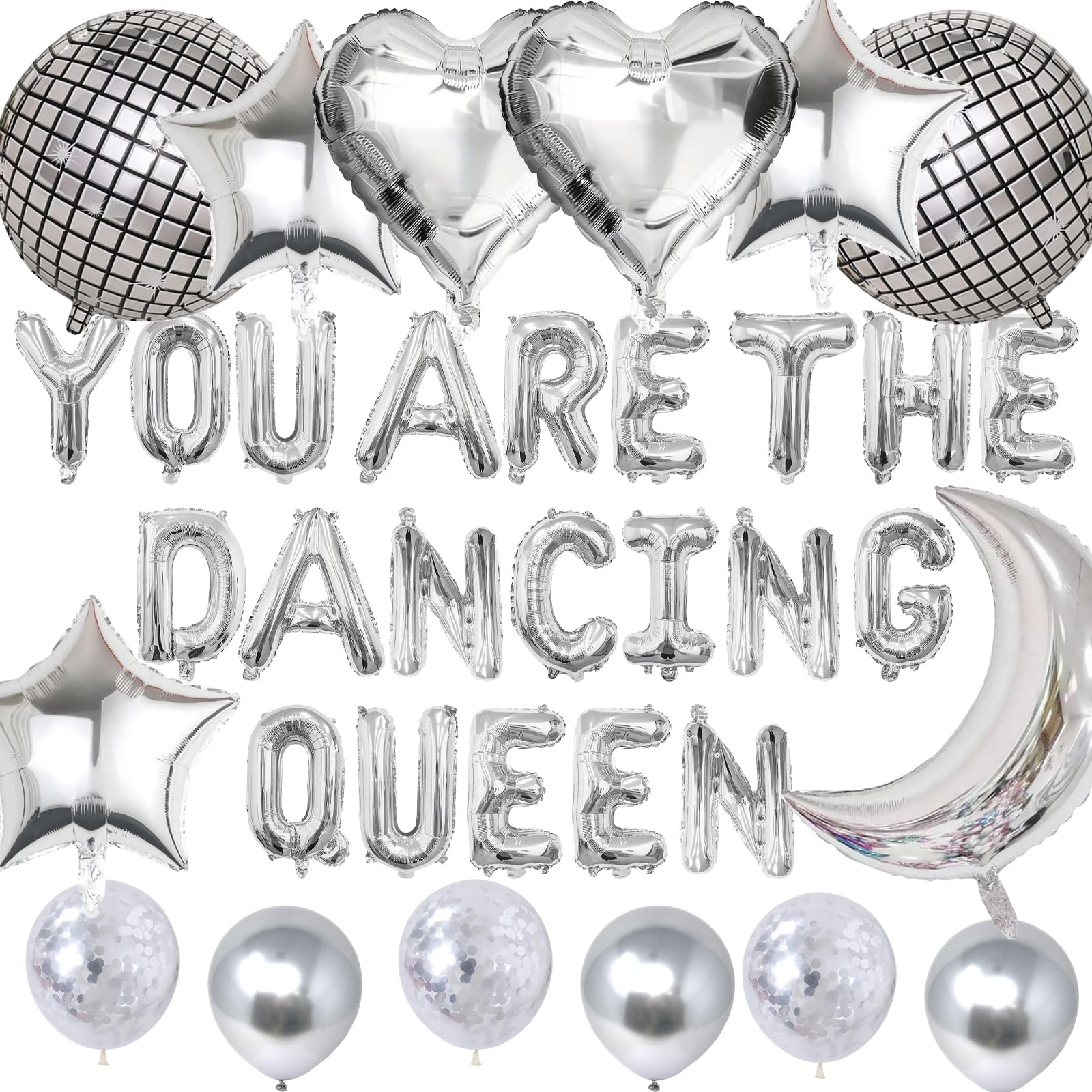 18 Pcs You are the Dancing Queen Decoration Silver Disco Foil Balloons Kit,You are the Dancing Queen Banner 22 inch Mirror Metallic Balloons Moon Love Star Foil Balloon