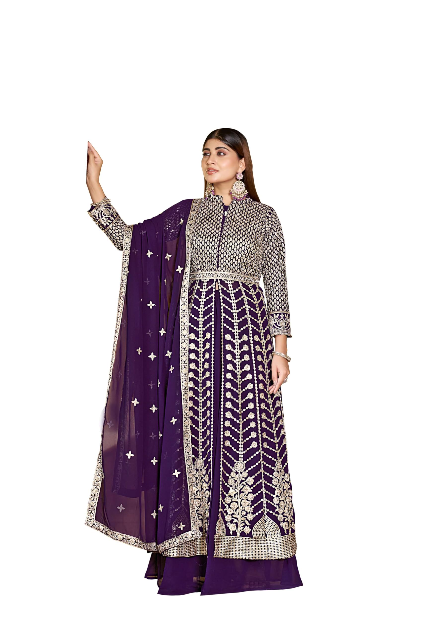 Women's Purple Faux Georgette Stitched Top with Bottom and Dupatta Full Sleeve Embroidered Anarkali Lehenga Set (ME-1253)-image-29