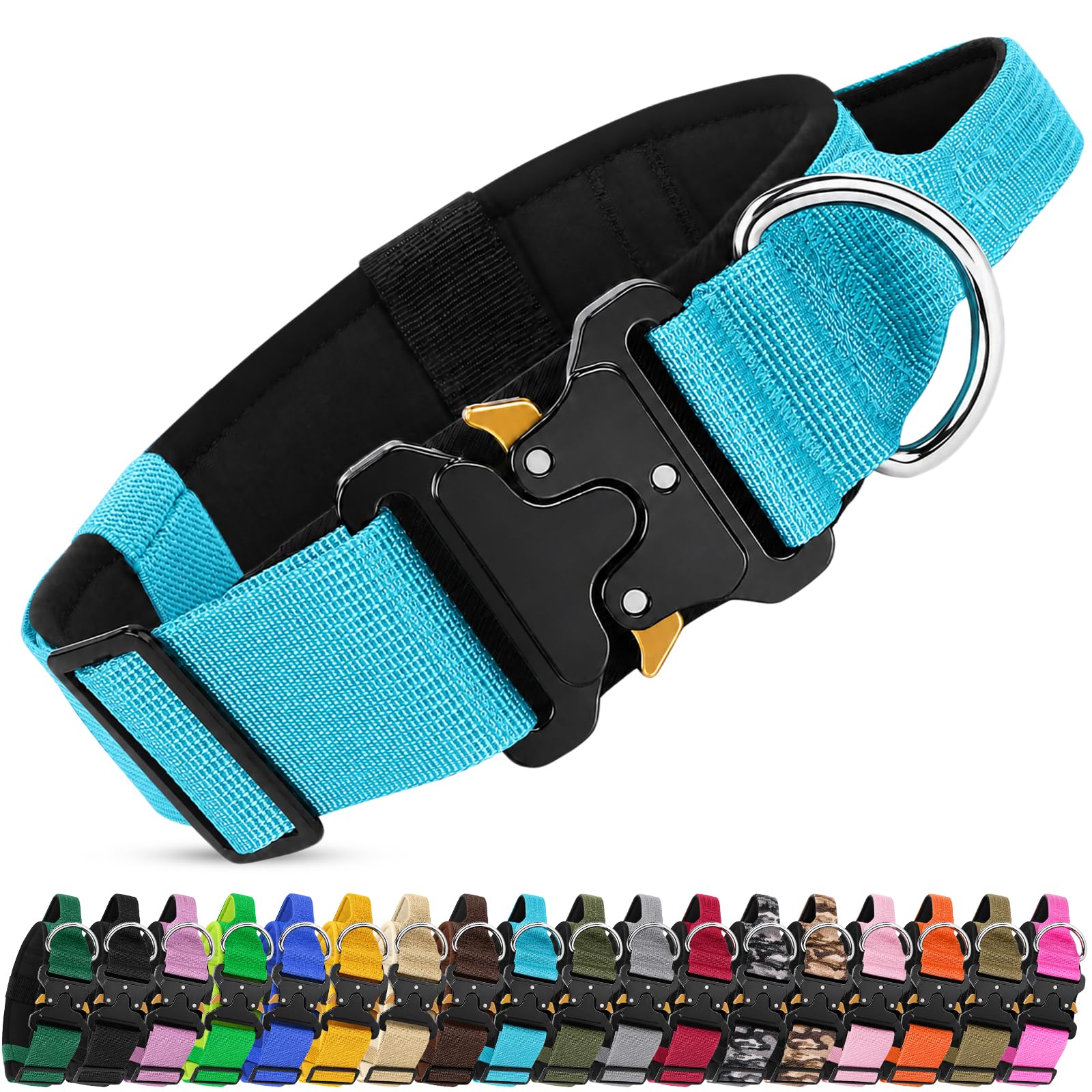 Collar Táctico para Perros con Asa, Collar de Nailon Ajustable | Collar Ancho Suave Acolchado, Collar Militar Resistente con Hebilla de Metal para Perros Medianos y Grandes (Azul, M)