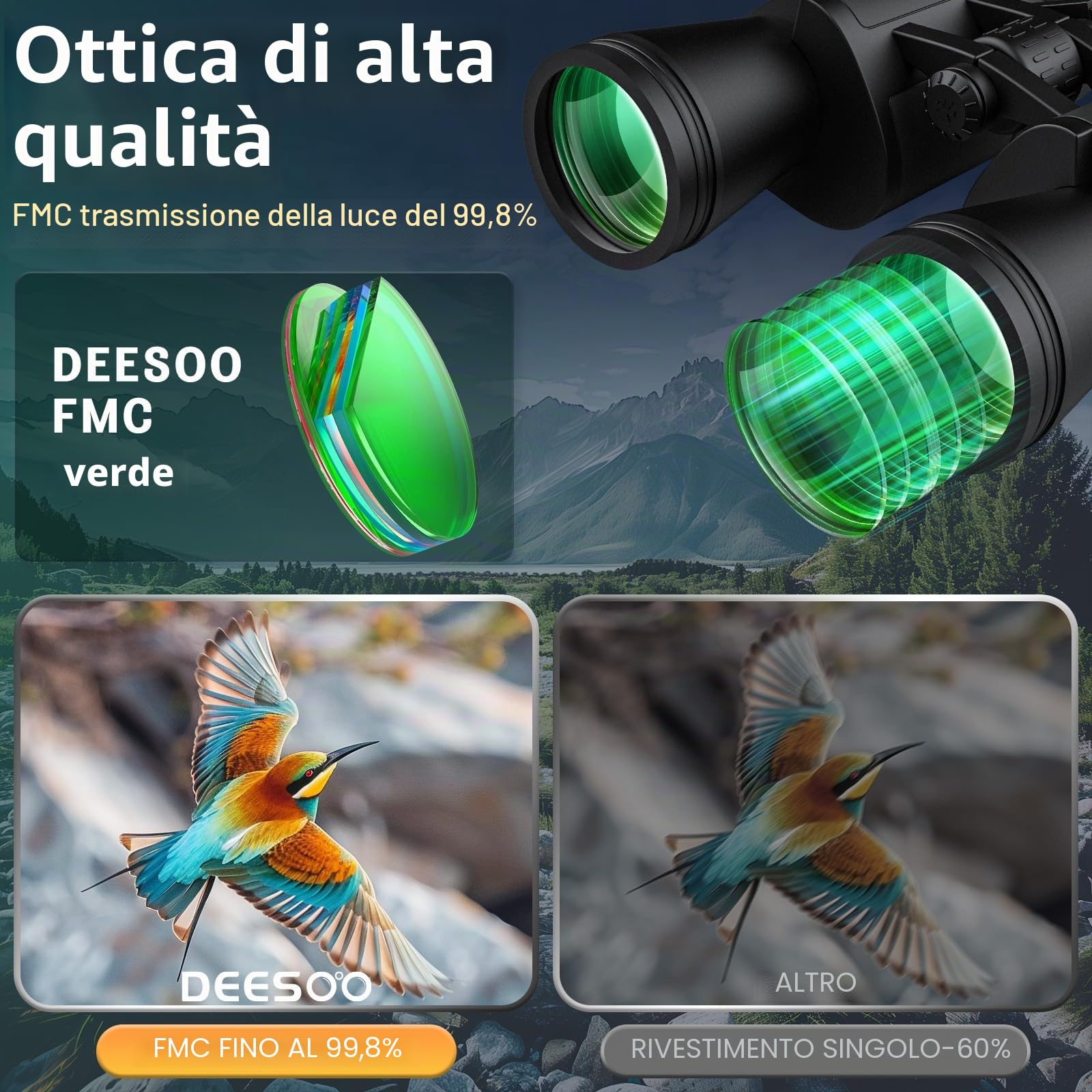 Binocolo 20 x 52 per adulti ad alta potenza, HD, visione ampia, visione bassa, binocolo professionale per bird watching, caccia, viaggi, crociera, sport all'aria aperta, con borsa per il