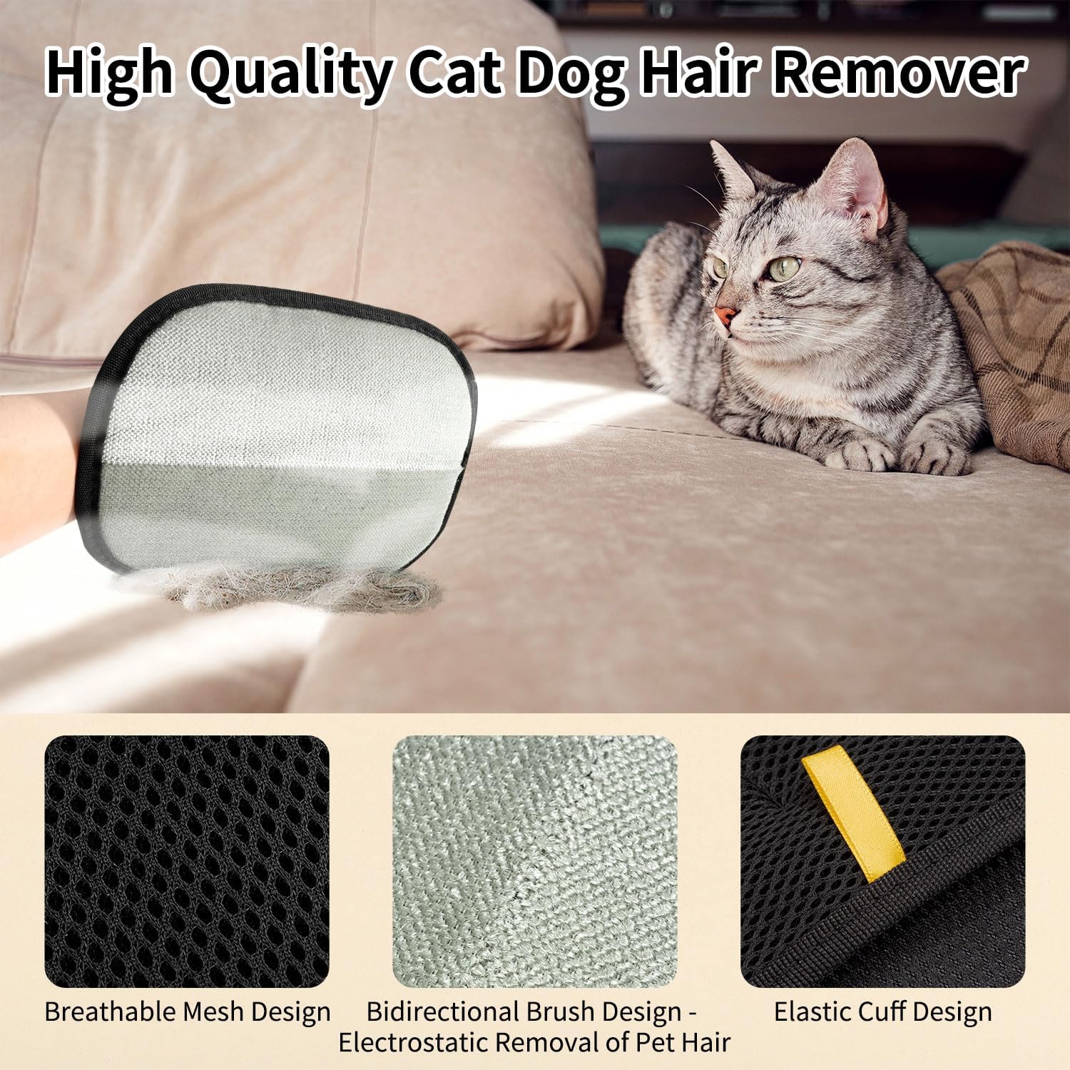 2PCS Double-Sided Pet Hair Remover Gloves, Electrostatic Cat Dog Pet Grooming Gloves, Pet Hair Remover for Carpet Couch Car, Versatile Pet Hair Remover for Washing Deshedding Grooming - Image 2