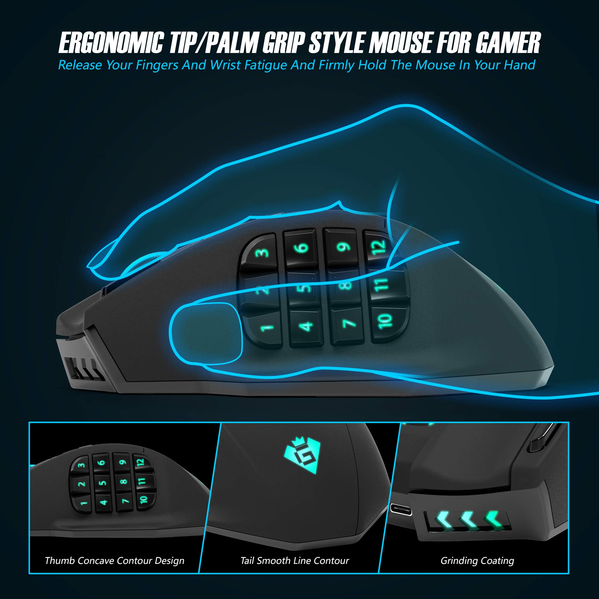 Gamspeed V8 Pro RGB MMO bezprzewodowa mysz do gier, 16 000 DPI, technologia 2,4 GHz, ergonomiczna konstrukcja, uchwyt palmowy, chromowane oświetlenie, 16 przycisków
