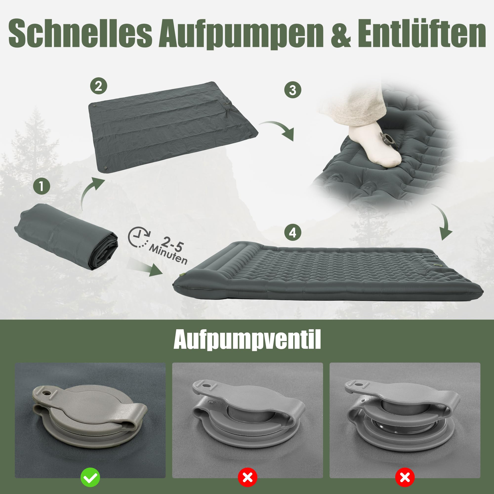 ROPODA Doppel aufblasbare Campingmatratze, ultraleichte Schlafmatte für Zwei Personen mit Kissen, integrierter Fußpumpe, wasserdichtes Doppel-Campingbett inkl. Tragetasche (Grau)