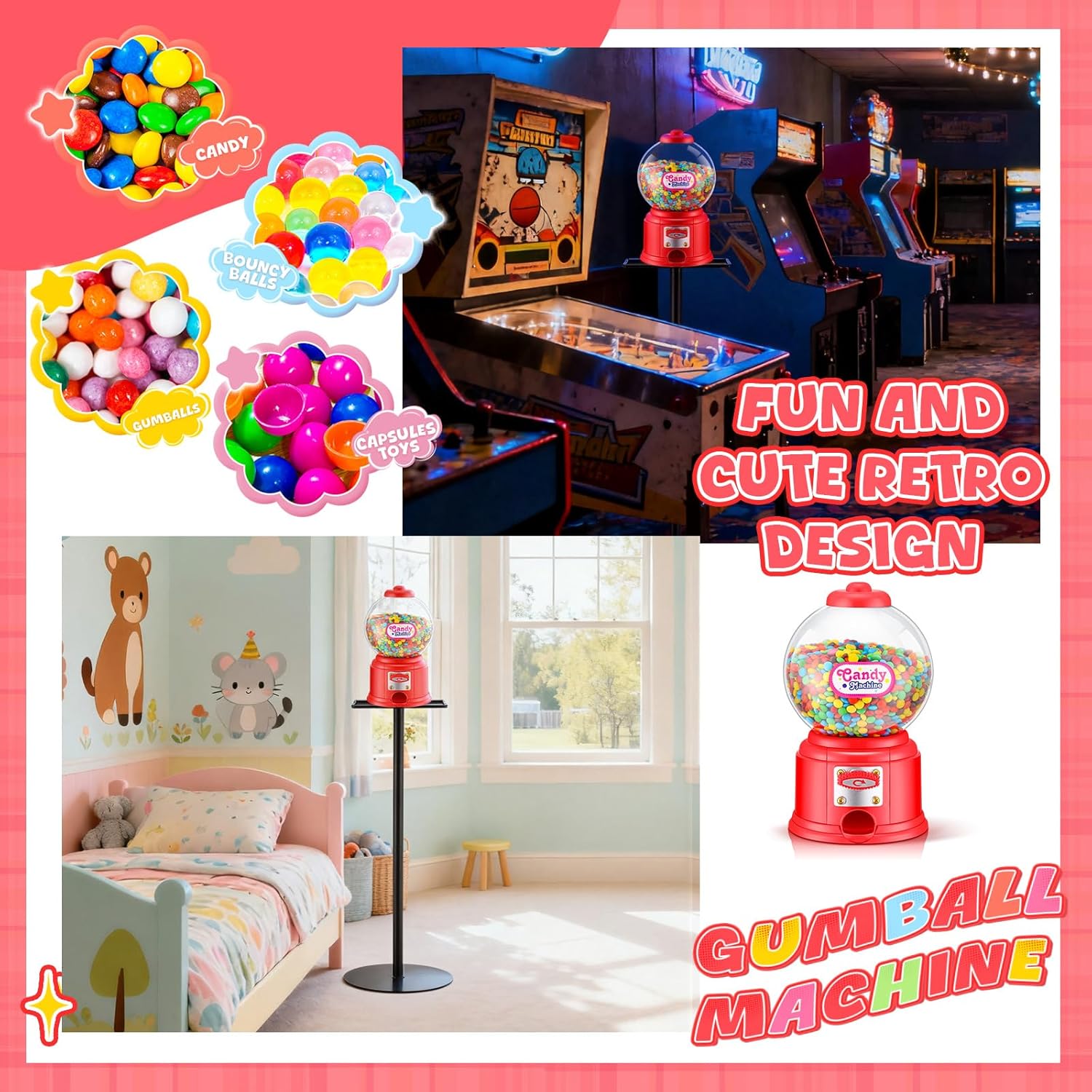 35.8 Gumball Machine with Stand and Coin Bank Large Bubble Gum Dispenser with Metal Base Vintage Style Red Gumball Candy Vending Machine Operated for Candy Nut Bouncy Ball