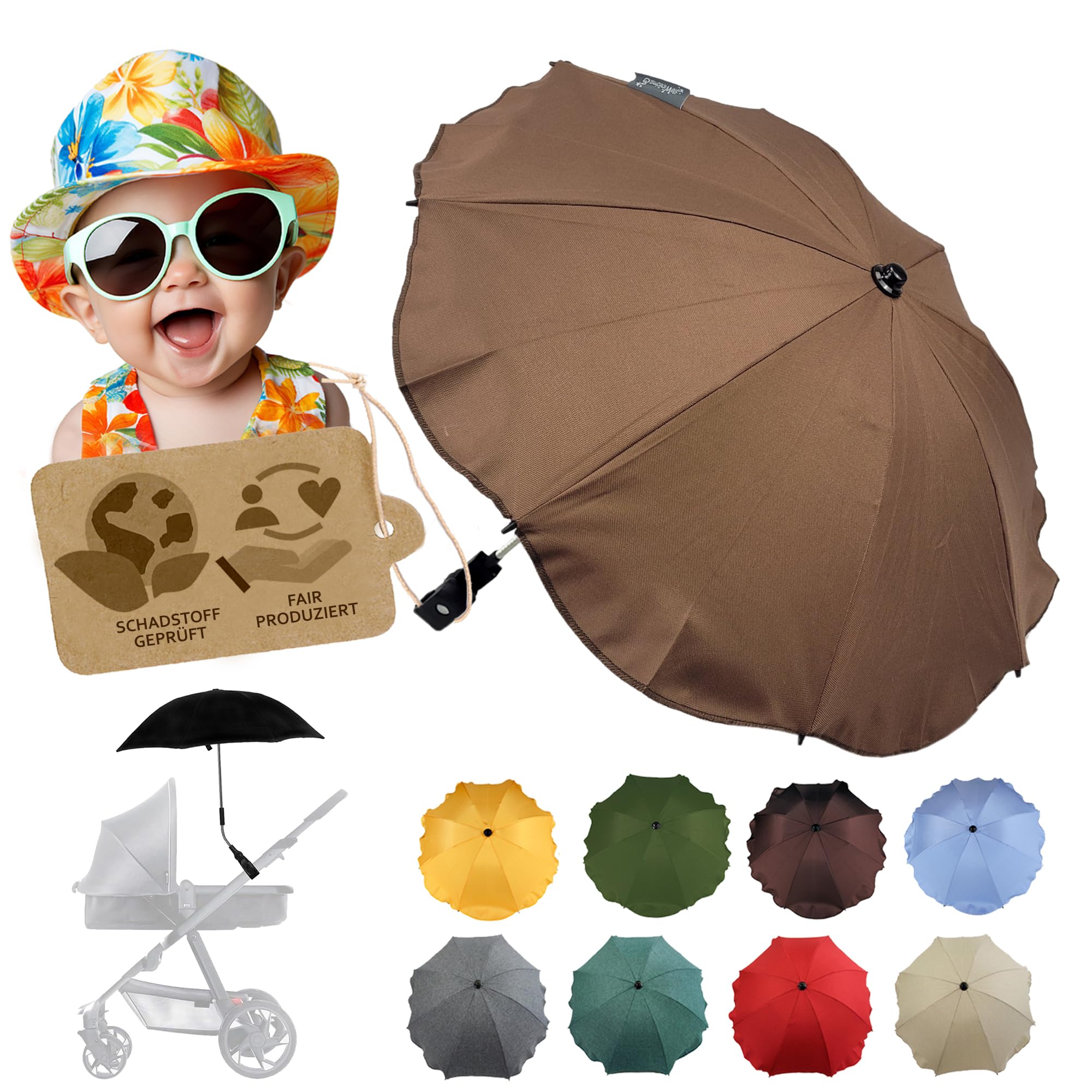 BambiniWelt by Rafael K. Sonnenschutz universal [Sonnenschirm für Kinderwagen] Buggy UV Schutz 50+ mit Universalhalterung biegsamer Schirm für Rund- und Ovalrohre verstellbar (braun)