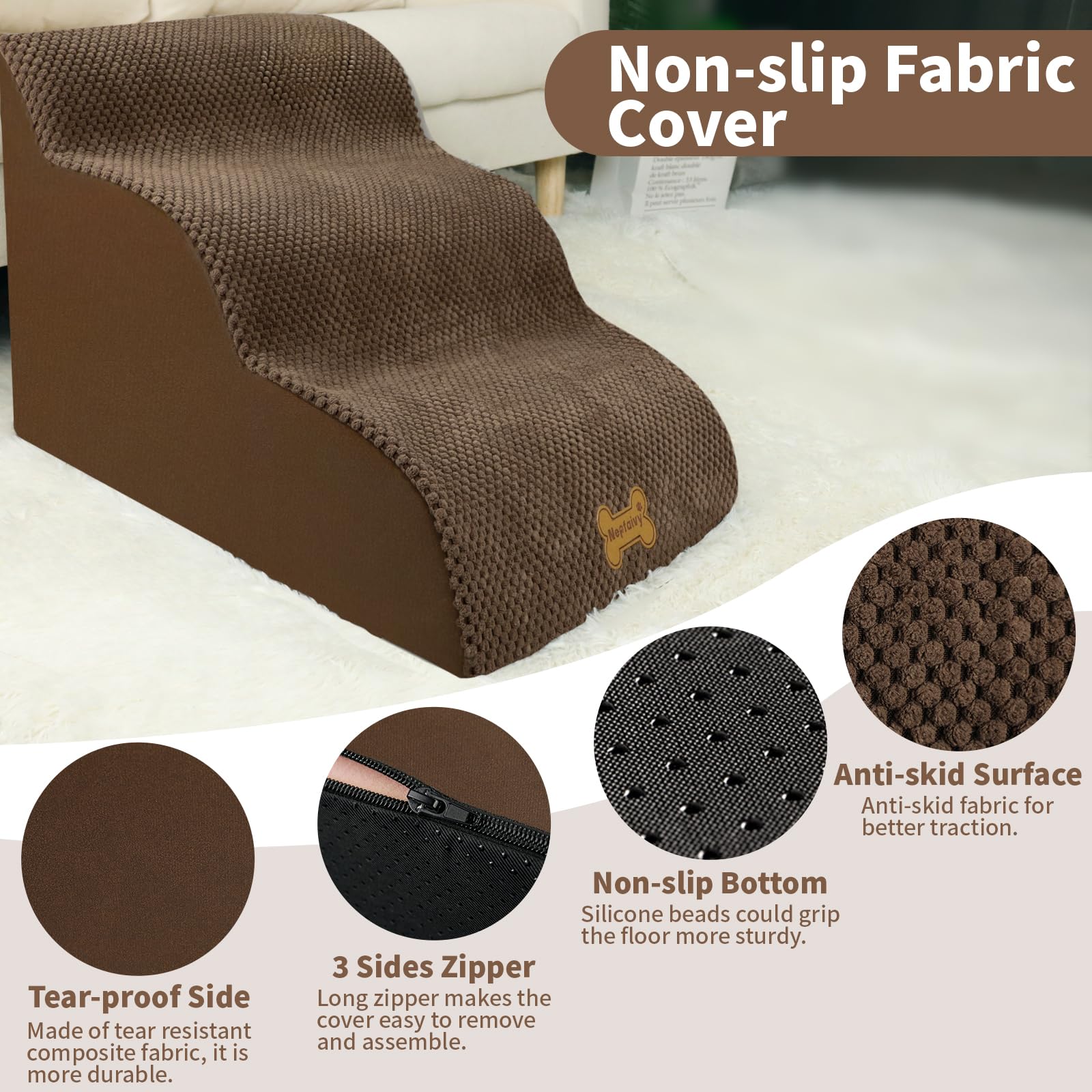 Nepfaivy Scaletta per letto per cani, antiscivolo, per cani e gatti di piccola taglia, rampa per cani, divano a 3 gradini, con schiuma ad alta densità e rivestimento rimovibile, 60 x 40 x 40 cm