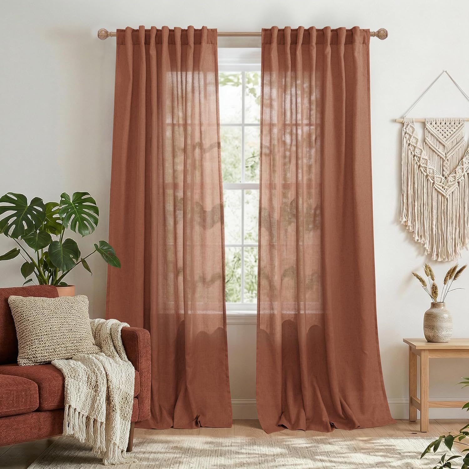 Mrs.Naturall Terracotta Curtains 84 Inches Long for Living Room, Boho Farmhouse Rustic Semi Sheer Cognac Linen Curtains for Bedroom, Earth Tone Earthy Drapes 2 Panels, Terra Cotta Rust Colored