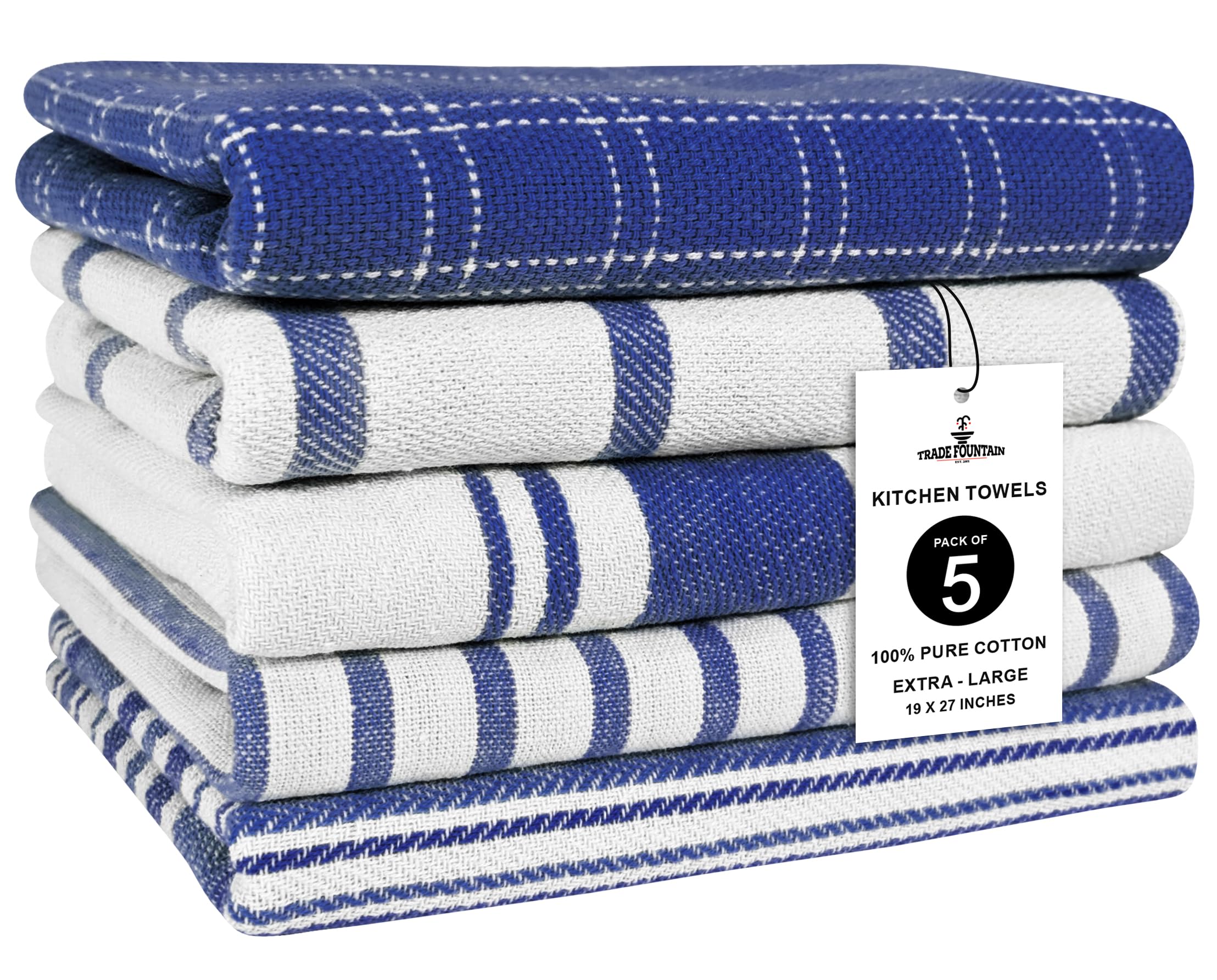 Trade Fountain Tea Towels - Pack of 5 Tea Towels for Kitchen Accessories - 50 X 70 CM Kitchen Towels - Extra Absorbent Dish Cloth - 100% Pure Cotton (BLUE)