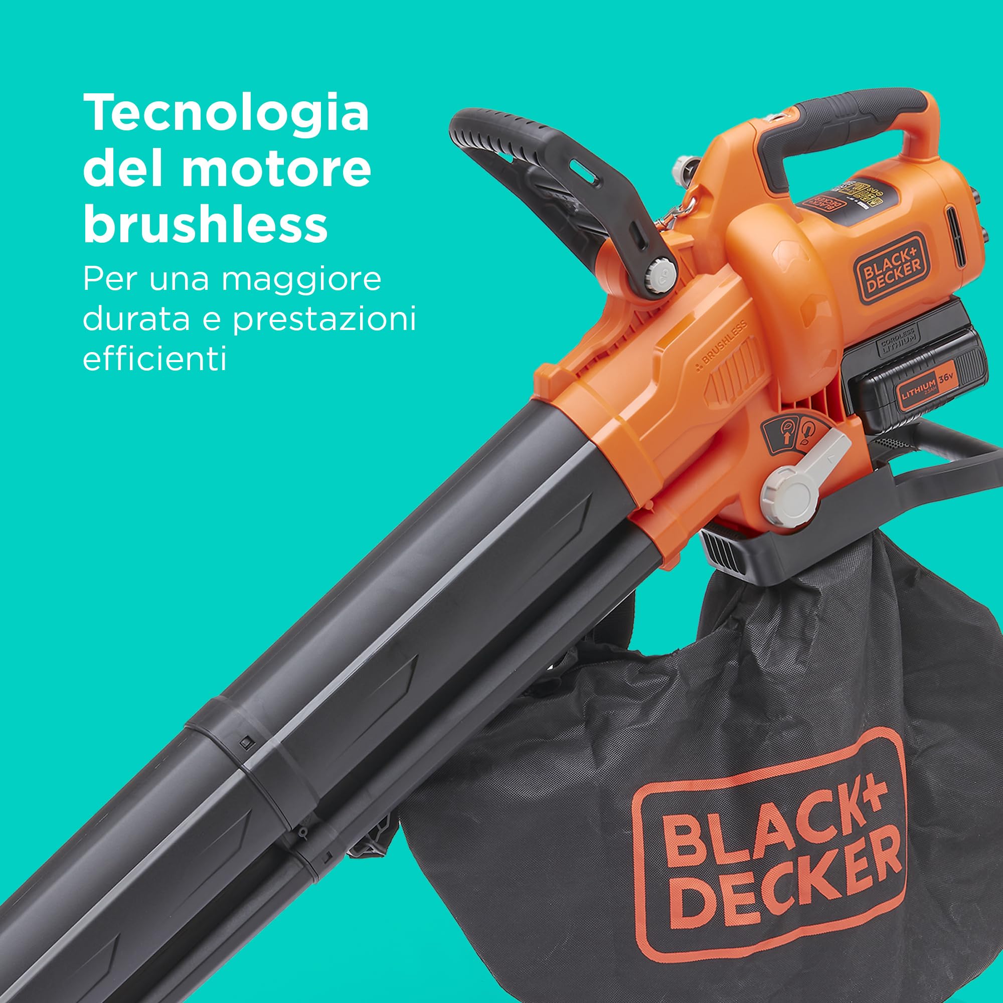 BLACK+DECKER Cordless 36v Soffiatore, aspiratore e trituratore per foglie, con sacco di raccolta da 45 litri e batteria al litio da 2,5 Ah, BCBLV3625L1-QW