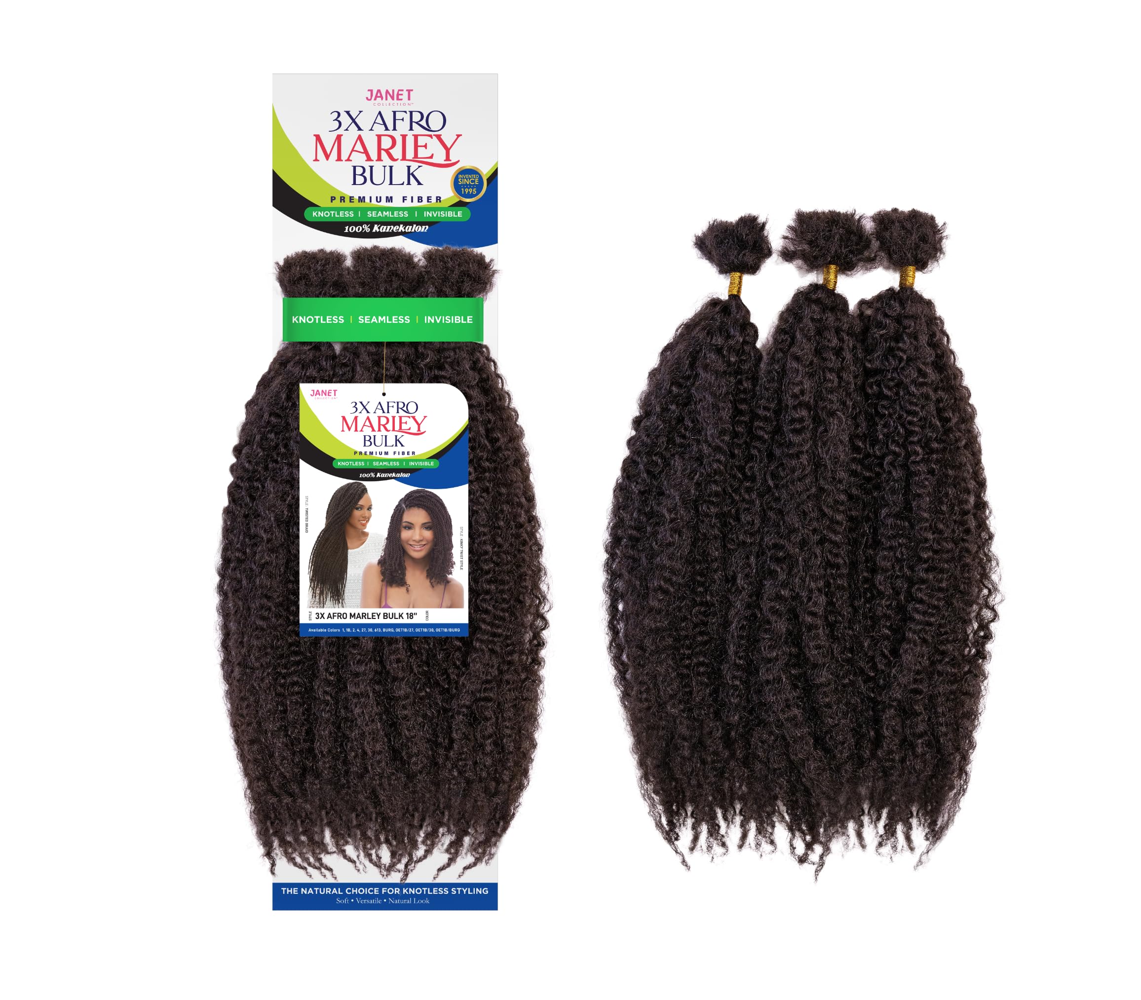 Janet Collection 3X Marley Knotless Bulk Braiding Hair 18”– Afro Kinky Texture, Lightweight, Pre-Stretched (Color 1B)