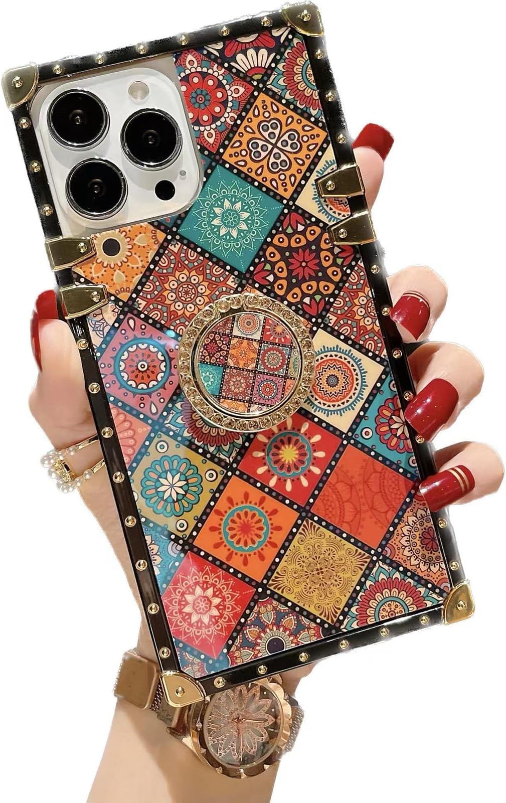 Rectangle Retro Blue Ray Phone Case for iPhone 12 Pro Max with Holder Ring Indian Hippie Bohemian Psychedelic Peacock Mandala Protective Shockproof Cover-Pattern2