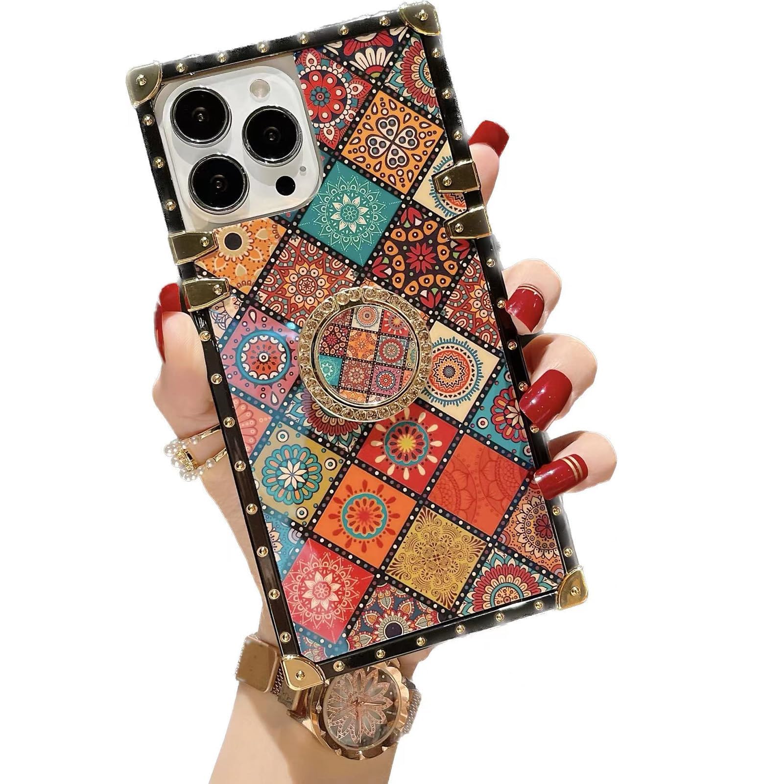 YonMeet Retro Square Blue Ray Phone Case for iPhone 15 Pro with Holder Ring Indian Hippie Bohemian Psychedelic Peacock Mandala Shockproof Cover(Mandala,iPhone 15 pro 6.1'')