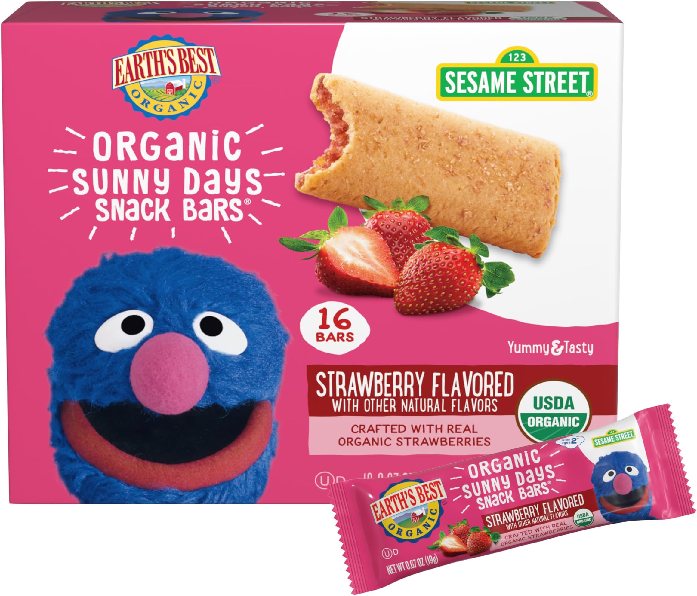 Organic Kids Snacks, Sesame Street Toddler Snacks, Organic Sunny Days Snack Bars for Toddlers 2 Years and Older, Strawberry with Other Natural Flavors, 16 Bars Per Box