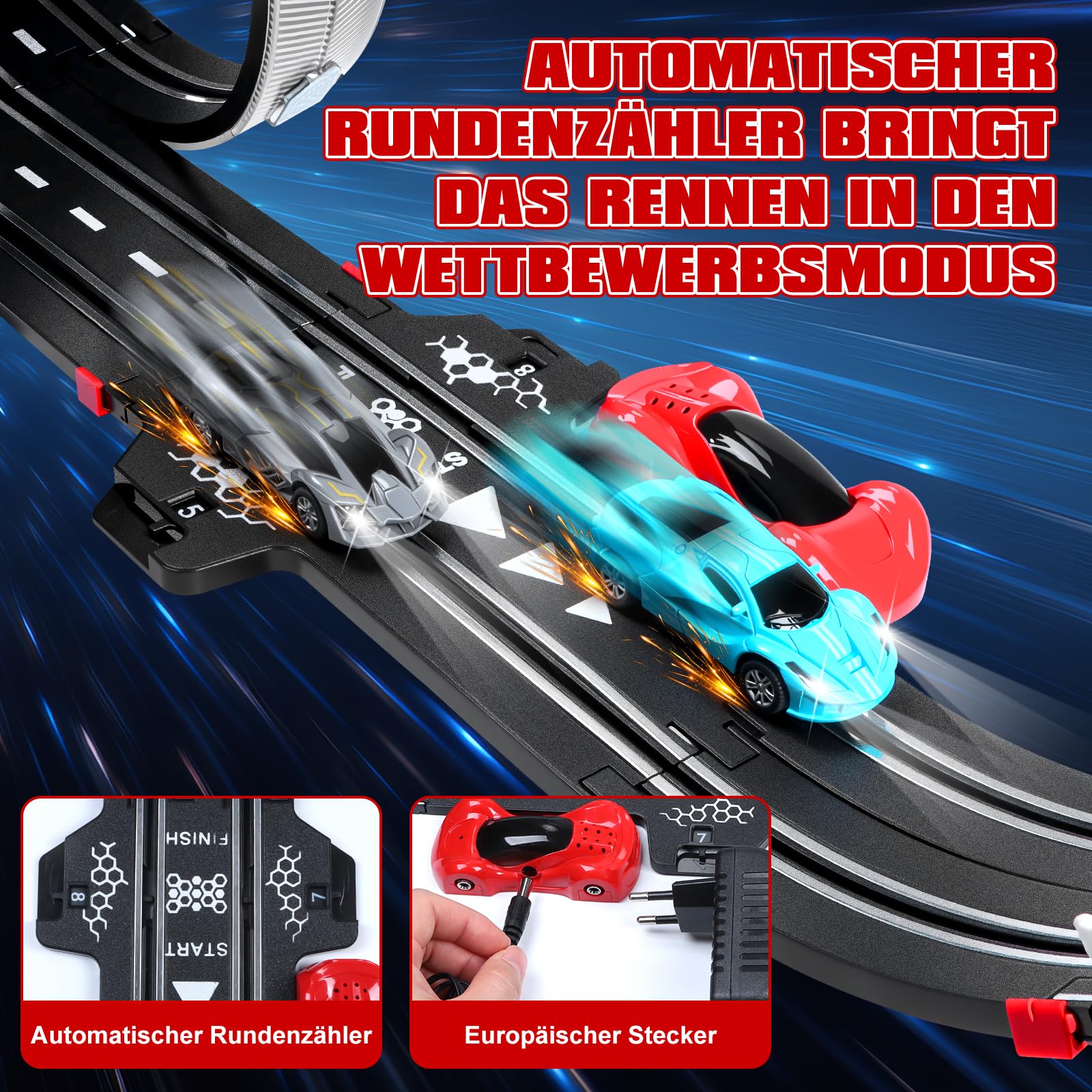 Elektrische Rennbahn Kinder, Autorennbahn Beleuchtete Elektrische Rennstrecke 1:64 Autobahn - 4 LED Auto, Rundenzähler, 360°-Looping, Rennstrecke Auto Spielzeug für Kinder 3 6-12 Jahre (L)