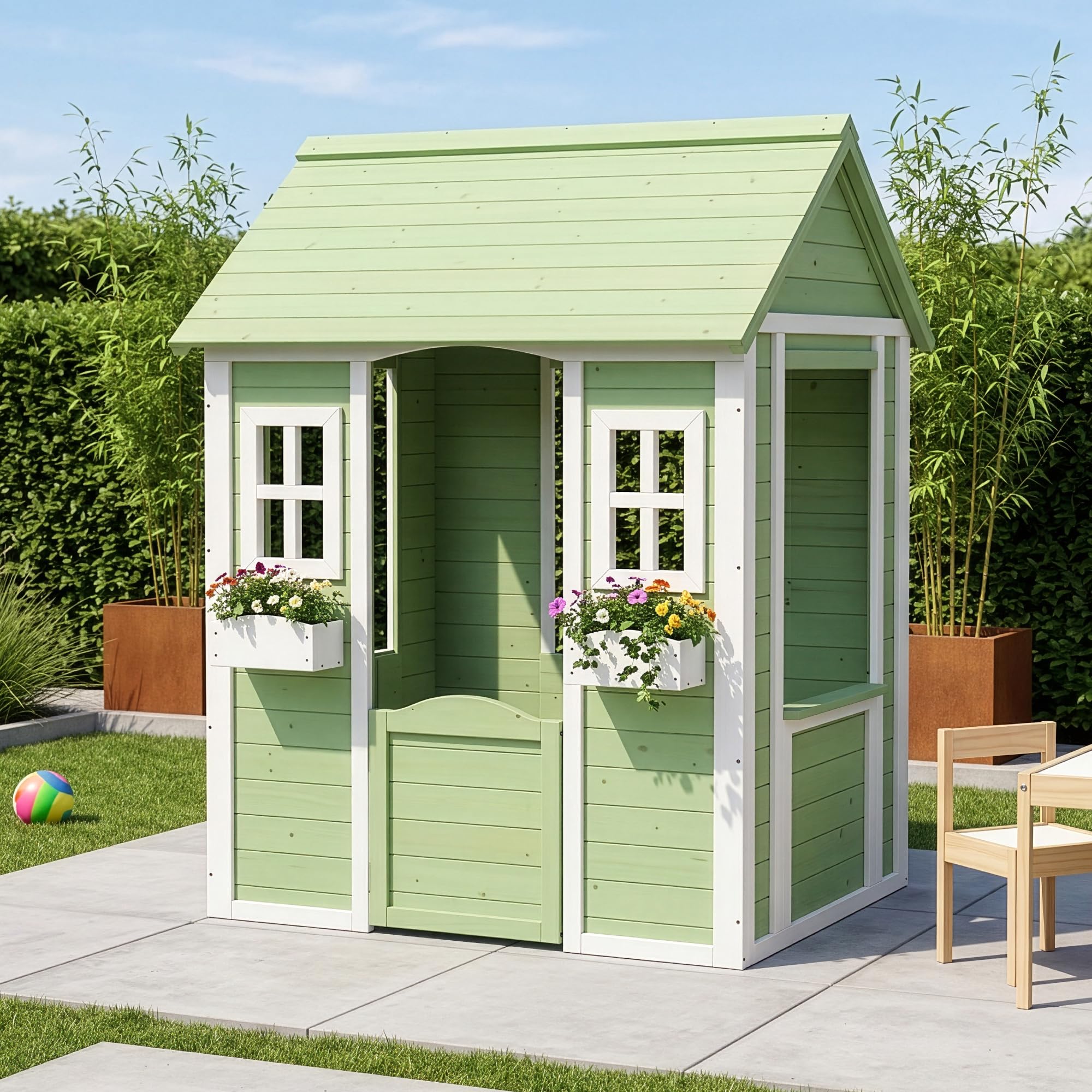[en.casa] Casetta da Gioco per Bambini in Legno di Abete con Tetto a Capanna Finestre Fioriere e Cancello Casetta da Giardino per Bimbi 144x107x90 cm Verde/Bianco