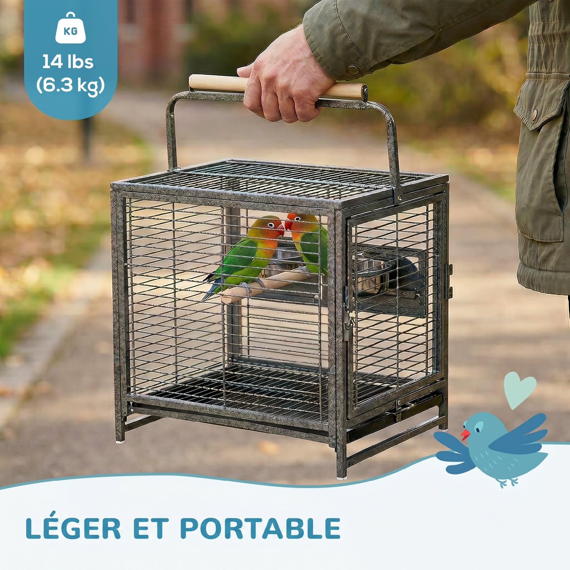 PawHut Cage de Transport en Acier pour Perroquets avec 2 Bols en Acier Inoxydable, 2 Perchoirs en Bois, Plateau Amovible, Noir