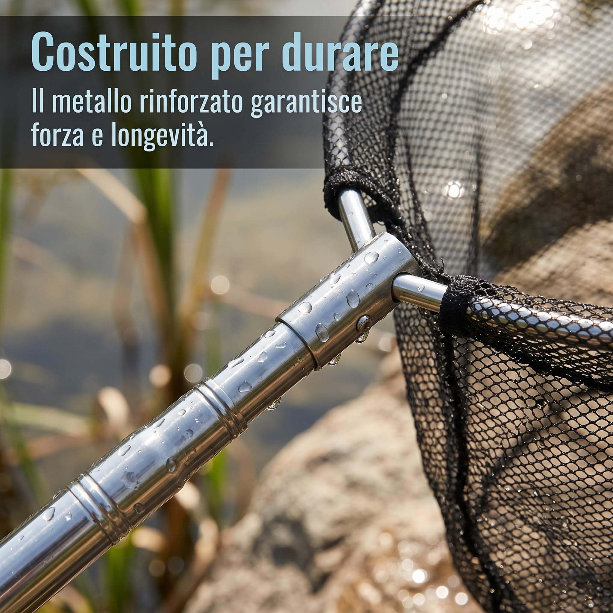 Épuisette pêche télescopique, Filet pêche compacte et Pliable avec Manche télescopique en Acier Inoxydable et Fine, Marron, Maille Fine approfondie, 40cm, Longueur Totale 2,5 mètres