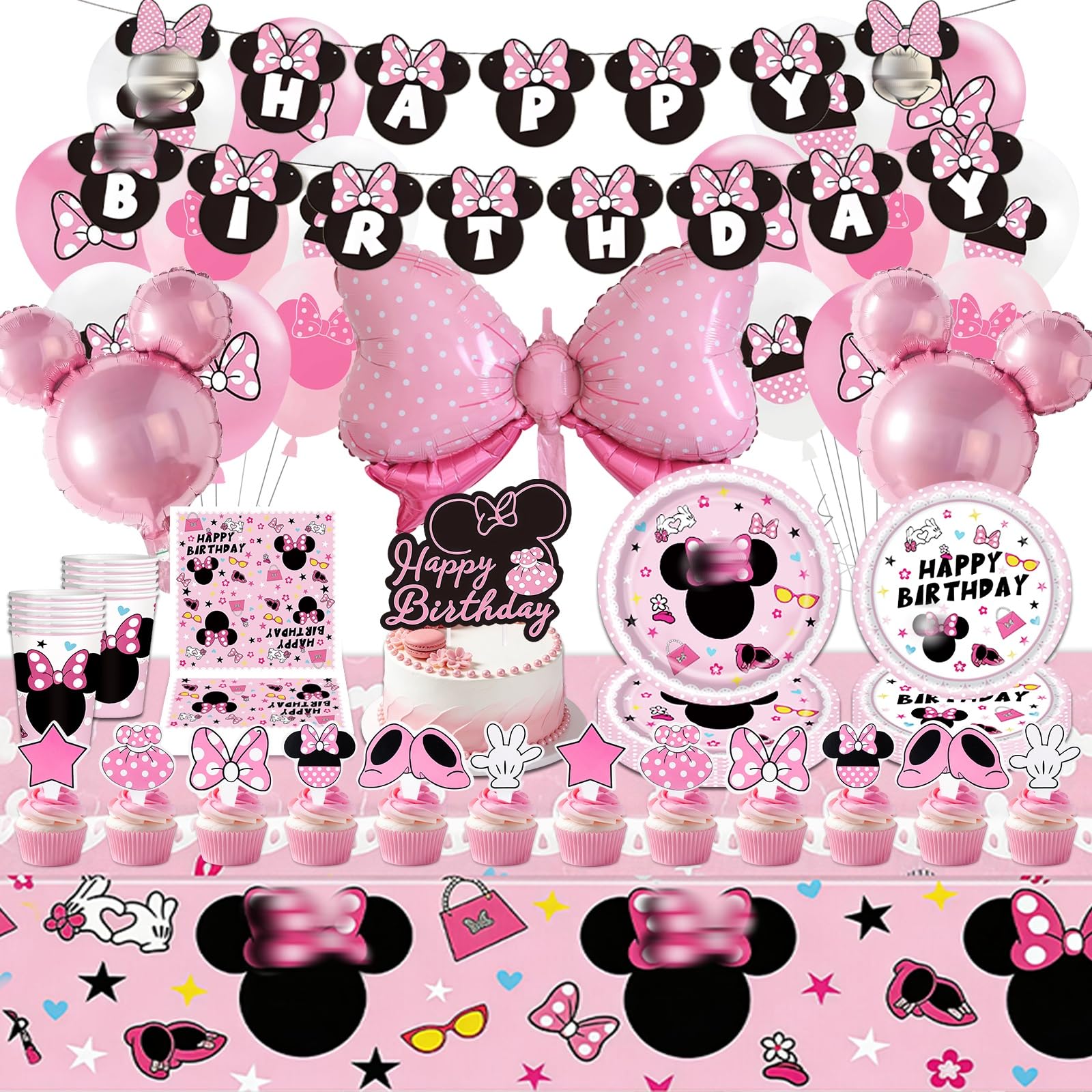 86Pcs Mouse Birthday Decorations, Pink Birthday Party Decorations with Balloons Cake Toppers Banner Plates Tablecloth Cup for Fans Kids Girls