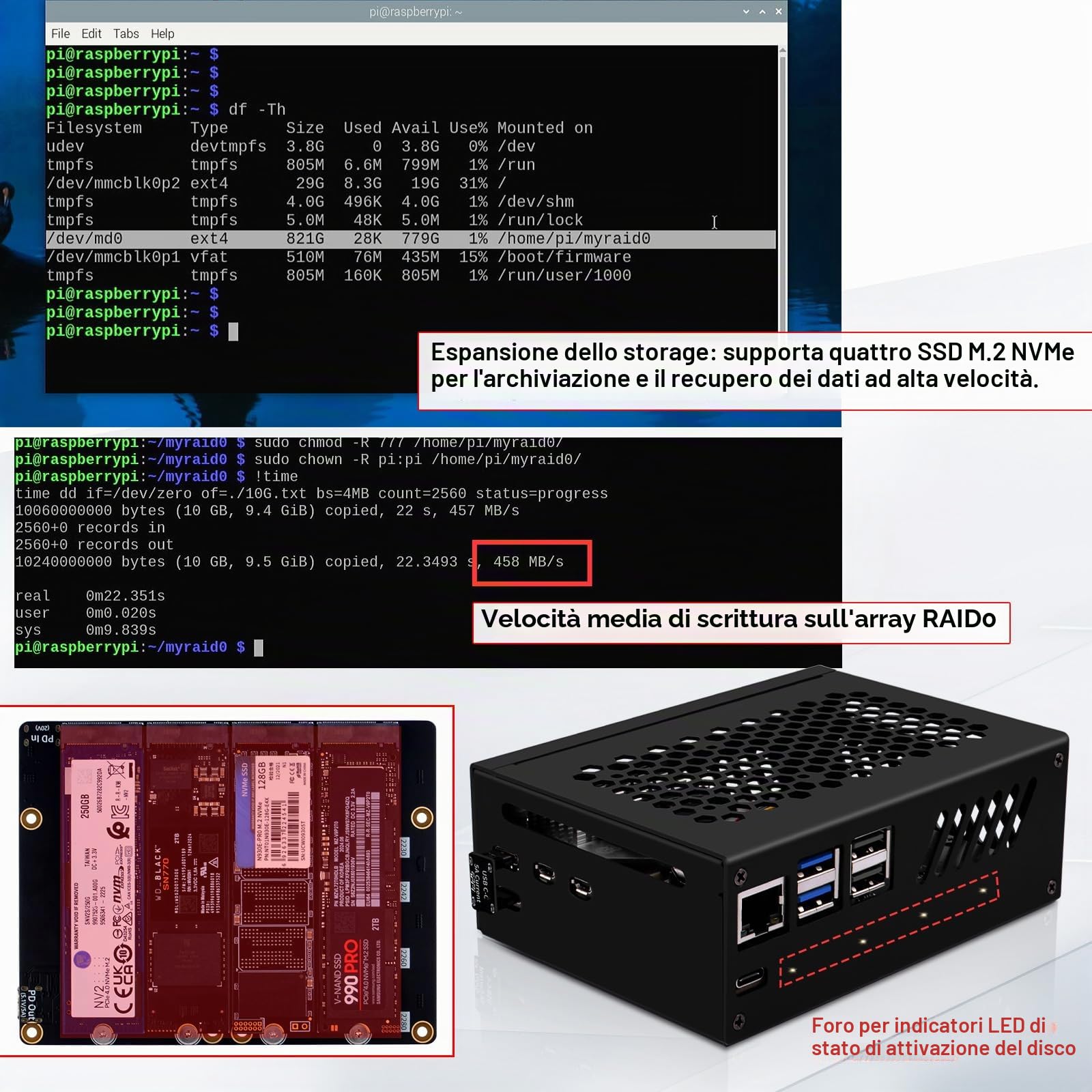 GeeekPi N16 Quad M.2 M-Key NVMe SSD HAT con custodia in metallo e dispositivo di raffreddamento attivo per Raspberry Pi 5, supporto SSD M.2 NVMe M-Key 2230/2242/2260/2280
