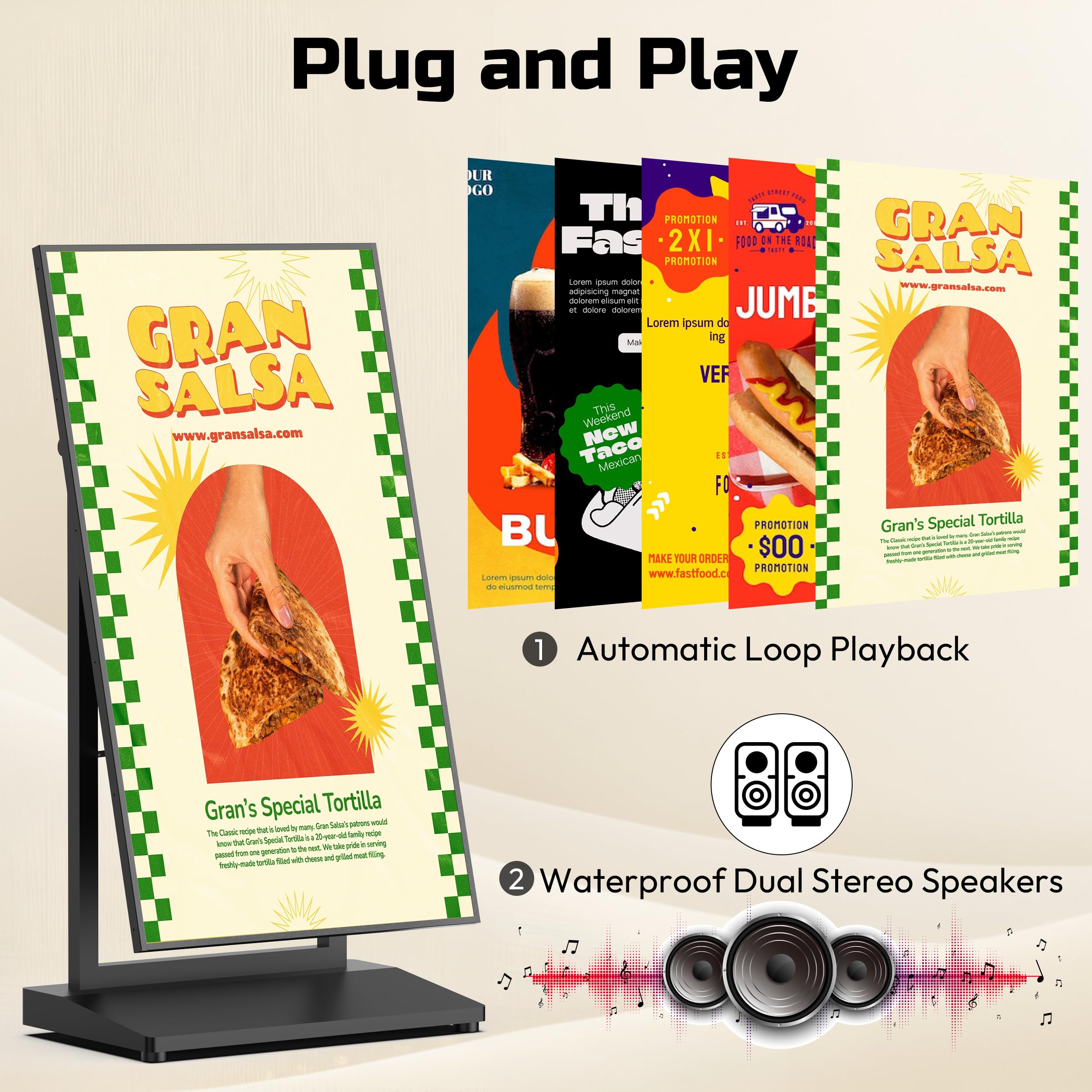 43 Zoll Digitaler Kundenstopper, 800 nits Digital Signage Display Kiosk LCD, Android 14, 4+64GB, App/Cloud/CMS Control, Ethernet/USB/HDMI/WiFi, für Food Trucks, Restaurants, 1 Stück