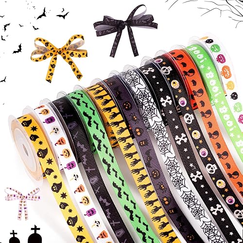 12 rollos de cintas de Halloween de 5 yardas, cintas decorativas de Halloween, telaraña de calabaza, cintas de Halloween con cable para
