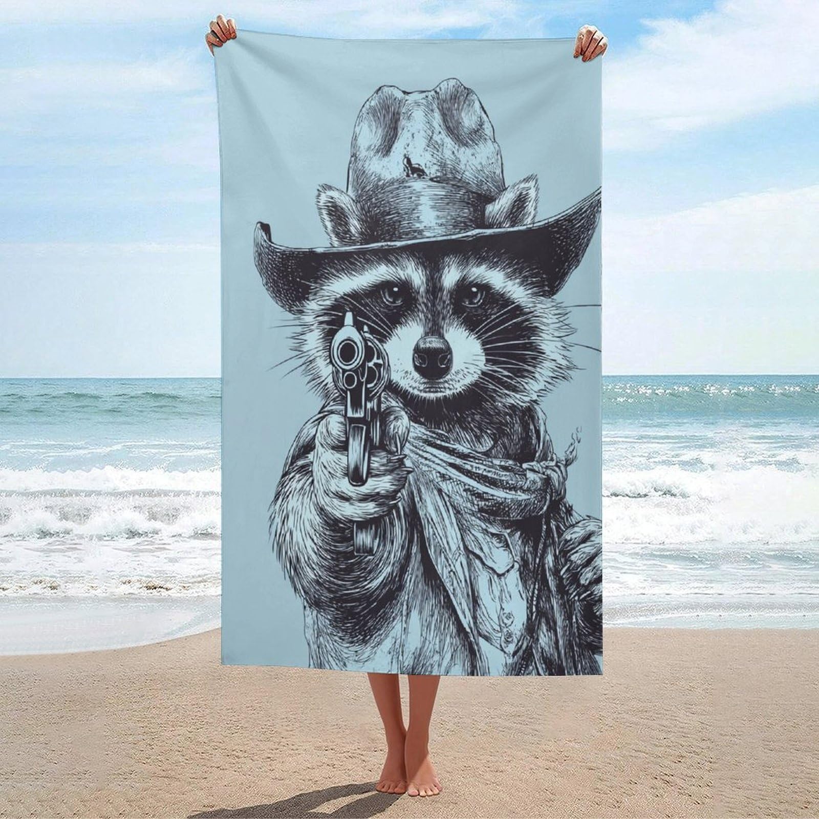 LSRCPD Raccoon Dressed As A Cowboy Beach Towel Sand Free Microfiber Large Shower Towels Multipurpose Absorbent for Bathroom Pool 130x80 CM