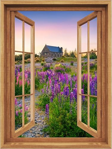 Miniatura 3 de SIGNWIN Adhesivo mural removible para pared, vista de ventana, puesta de sol, lavanda, campo de flores, naturaleza, desierto, fotografía, realismo,