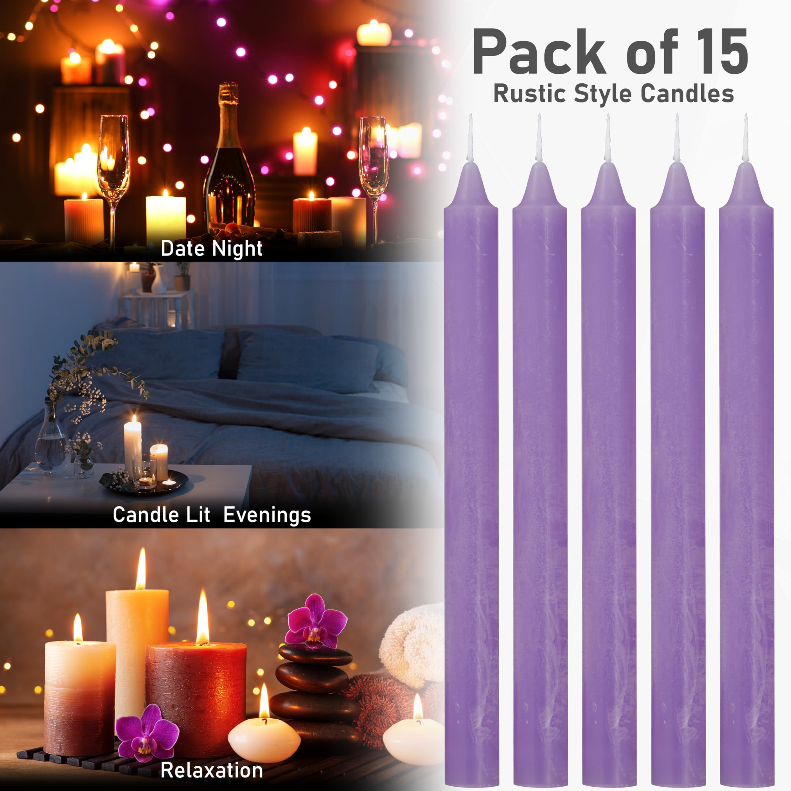 DECO EXPRESS Candele Coniche Set da 15 Candele Rustiche Fatte a Mano Candela Natalizia Durata di Combustione di 9 Ore Senza Profumo (Viola - Confezione da 15)