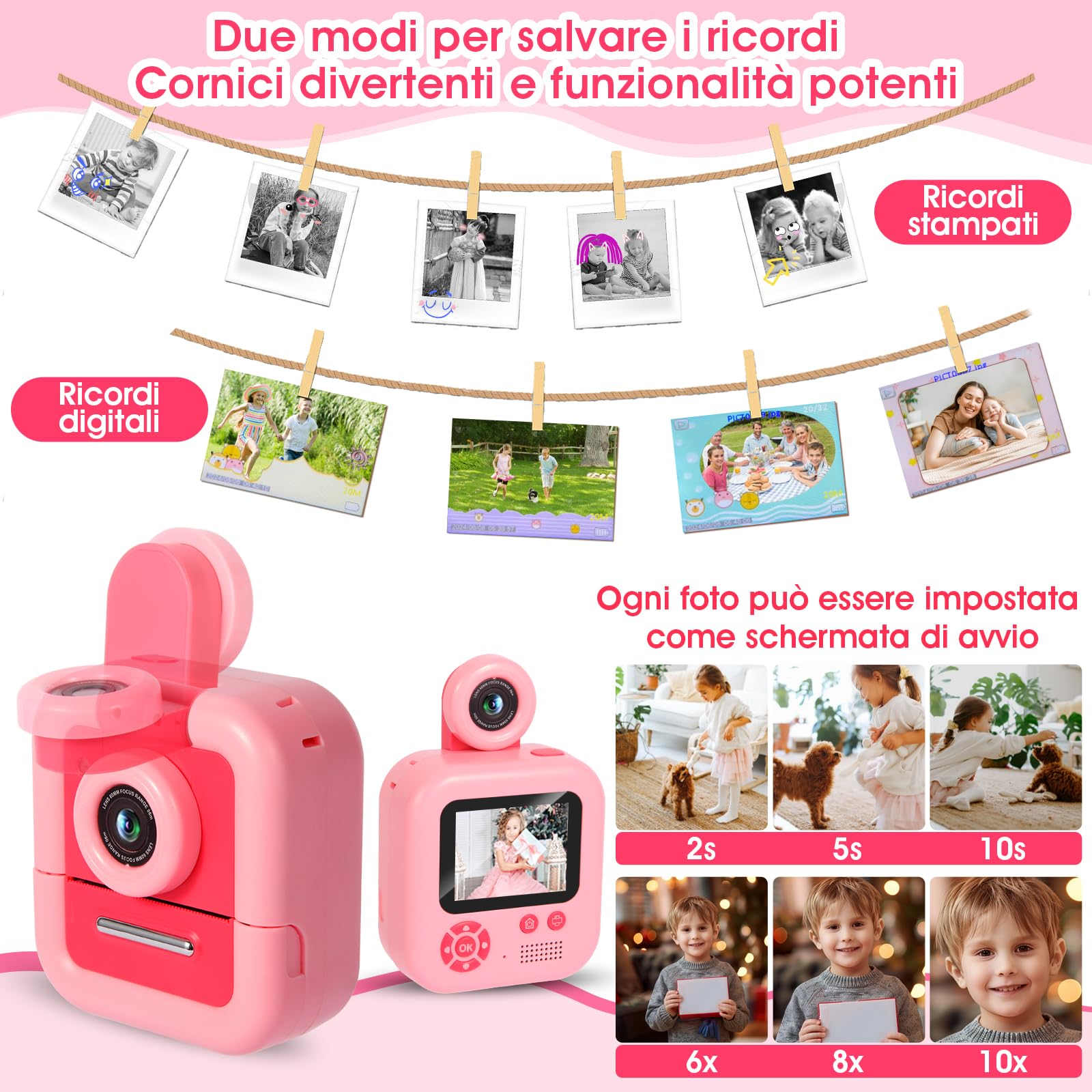 Macchina Fotografica Bambini Istantanea, ZUEOKAI 2,4" Fotocamera Istantanea Bambini con 180° Flip Obiettivo e 3 Stampa Carta, Fotocamera bambini con 32GB, Regalo Bambina Bambino 3 4 5 6 7 8 9 10 anni
