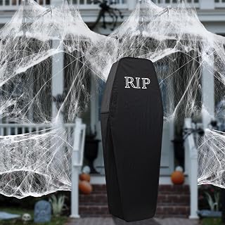 60 Inch Coffin Prop Life Size Foldable 900 Sqft Fake Halloween Spider Web Stretch Halloween Decorations Outdoor Scary with 30 Fake Spiders Spooky Coffin Decor for Cemeteries Graveyard Party