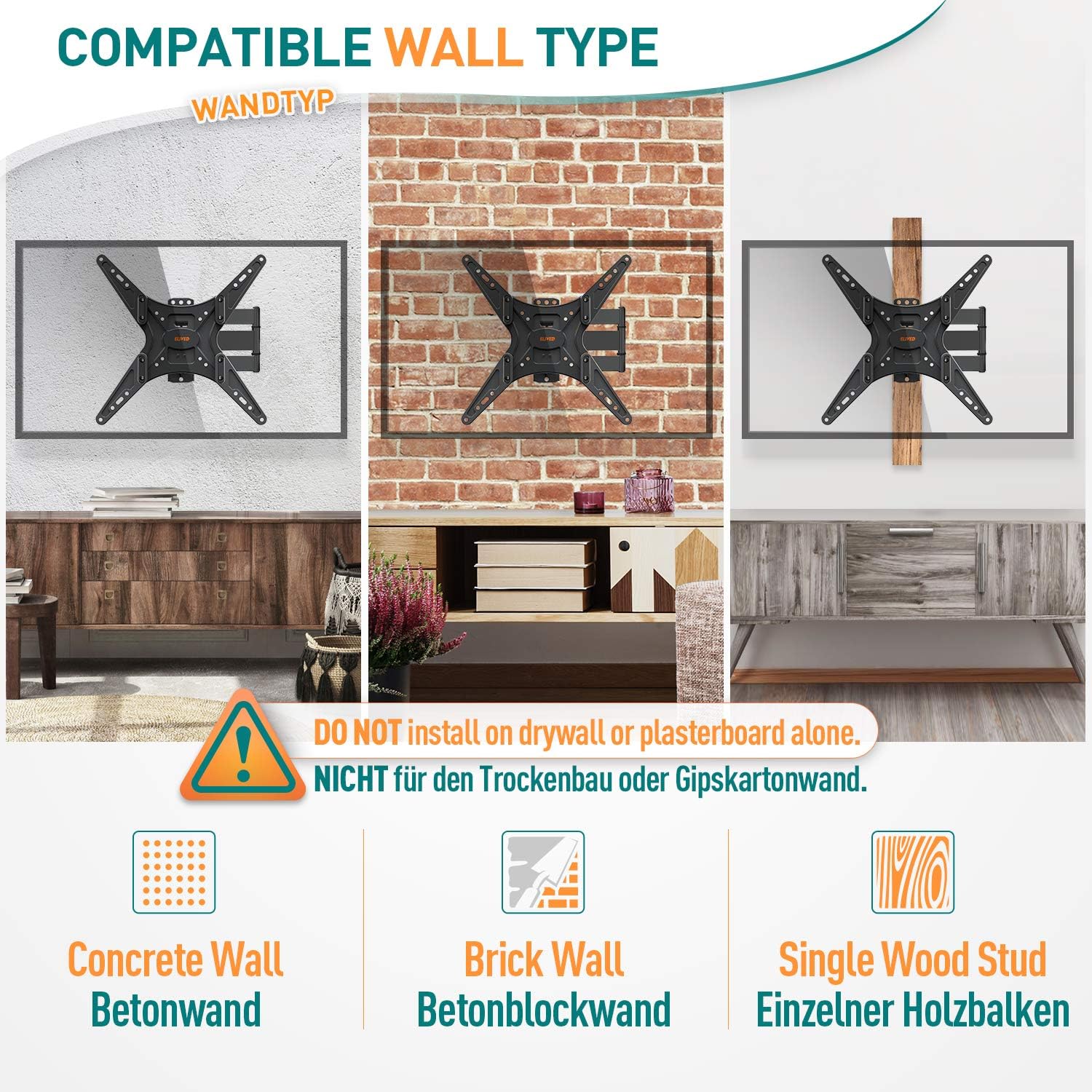 Diagram showing compatible wall types for installation: concrete wall, brick wall, and single wood stud. A warning indicates not to install on drywall or plasterboard alone.