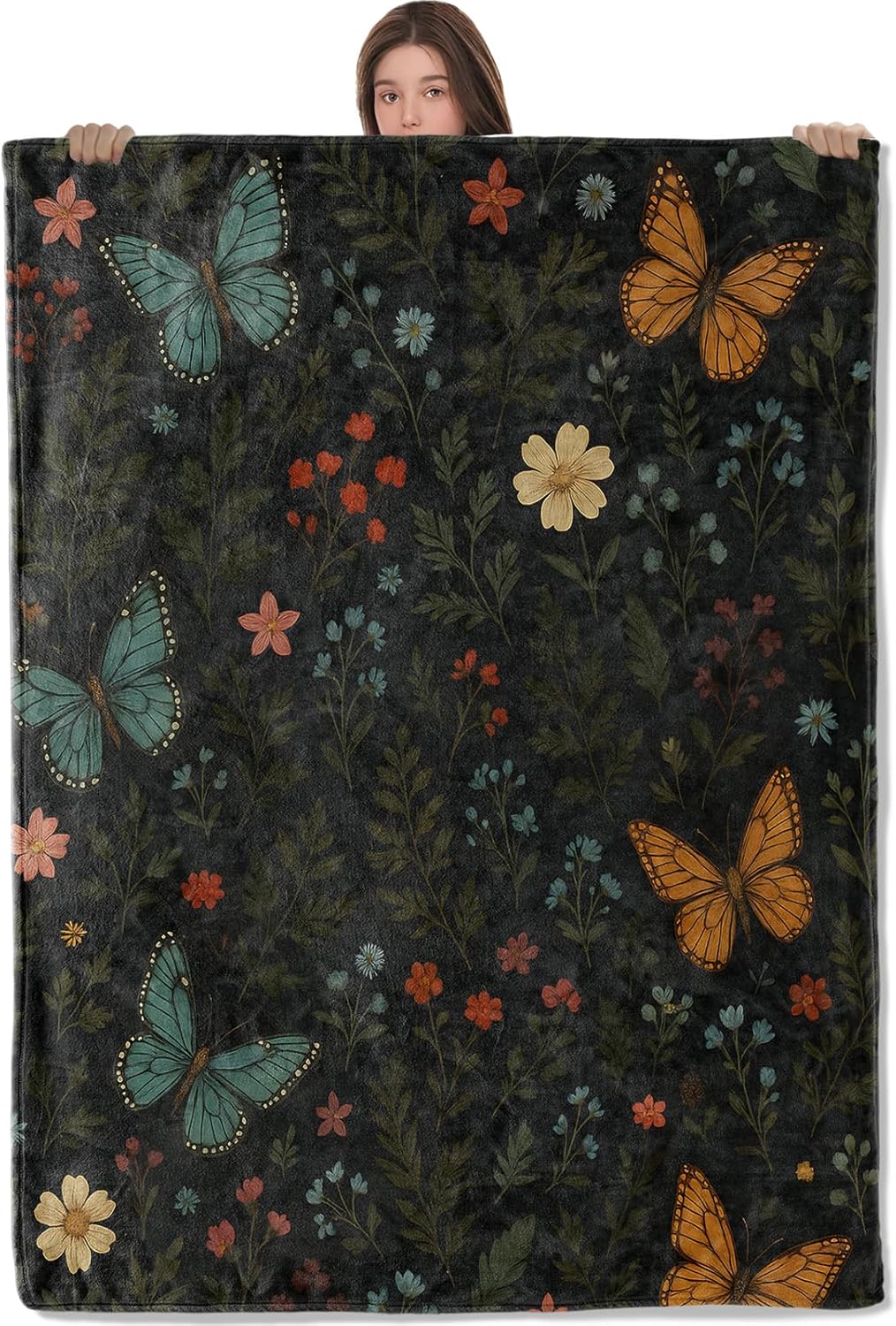 Butterfly Floral Lightweight Throw Blanket, Vintage Insect with Leaf and Flower, Warm Soft Cozy Flannel Blankets, Couch Bed Home Decor All Season Use, 80x60in, Black, Gifts for Nature Lovers