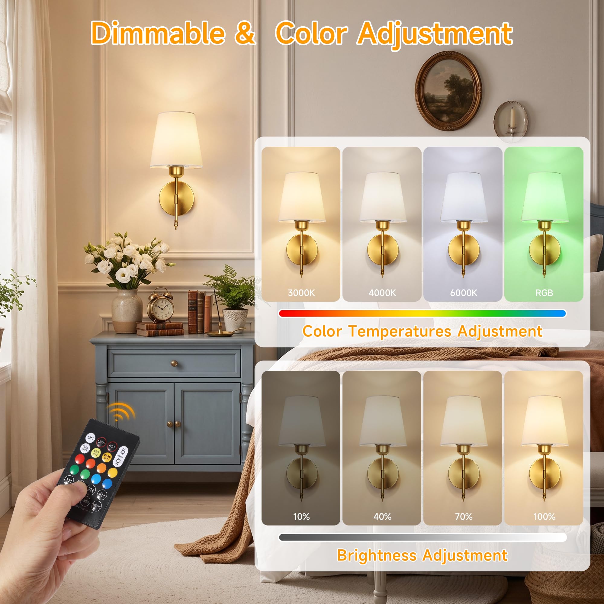 Oro Apliques Pared Interior Sin Cable Regulable y 8RGB, Set 2