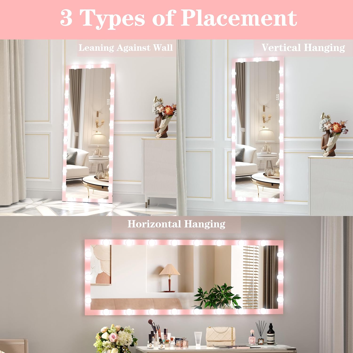 ANYHI Full Length Mirror, 63" x 24", Pink Long Mirror with 22 LED Bulbs, 3 Color Lights, Dimmable, Thick Frame, Straight-Waist Design