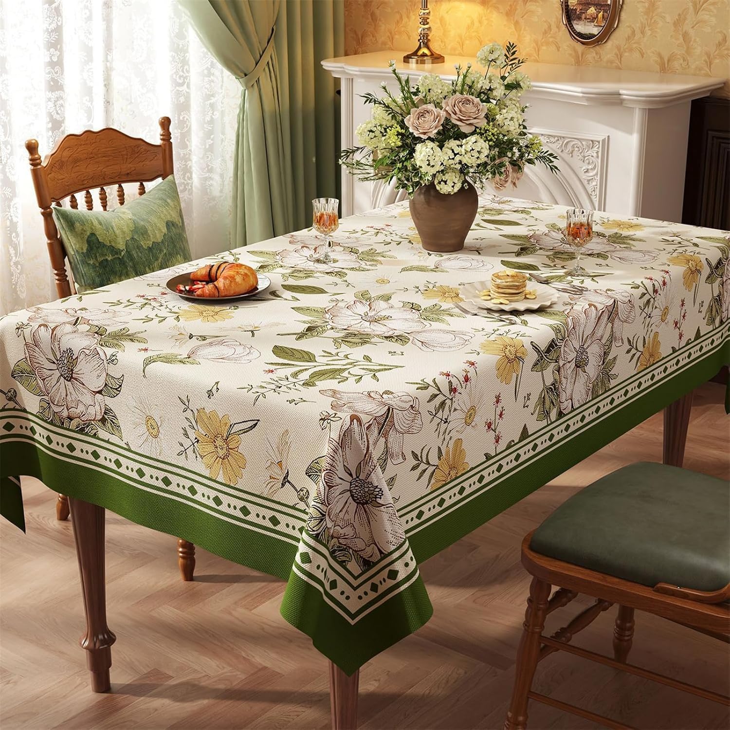 KIJyfgTR Rustic Floral Print Wipeable Tablecloth Decor For Outdoor Garden Parties And Kitchen Worktops(Green,140x260cm)