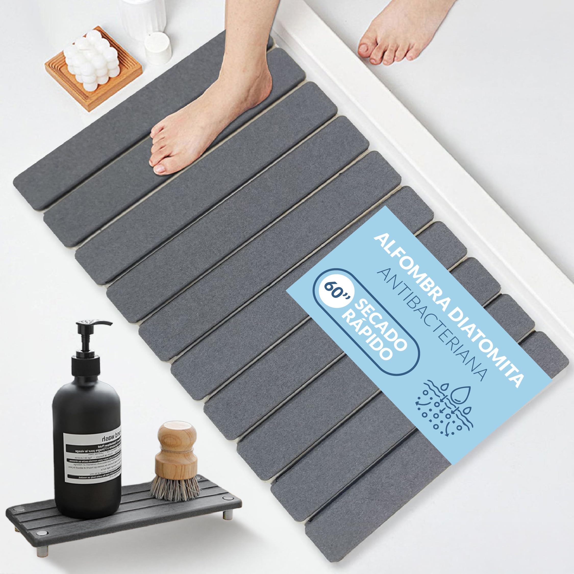 Alfombra de Baño Diatomita Secado Rápido Antideslizante 60x39 cm, Alfombrilla Piedra Absorbente para Ducha, Incluye Soporte para Jabón, Base de Silicona y Lija de Mantenimiento - 2