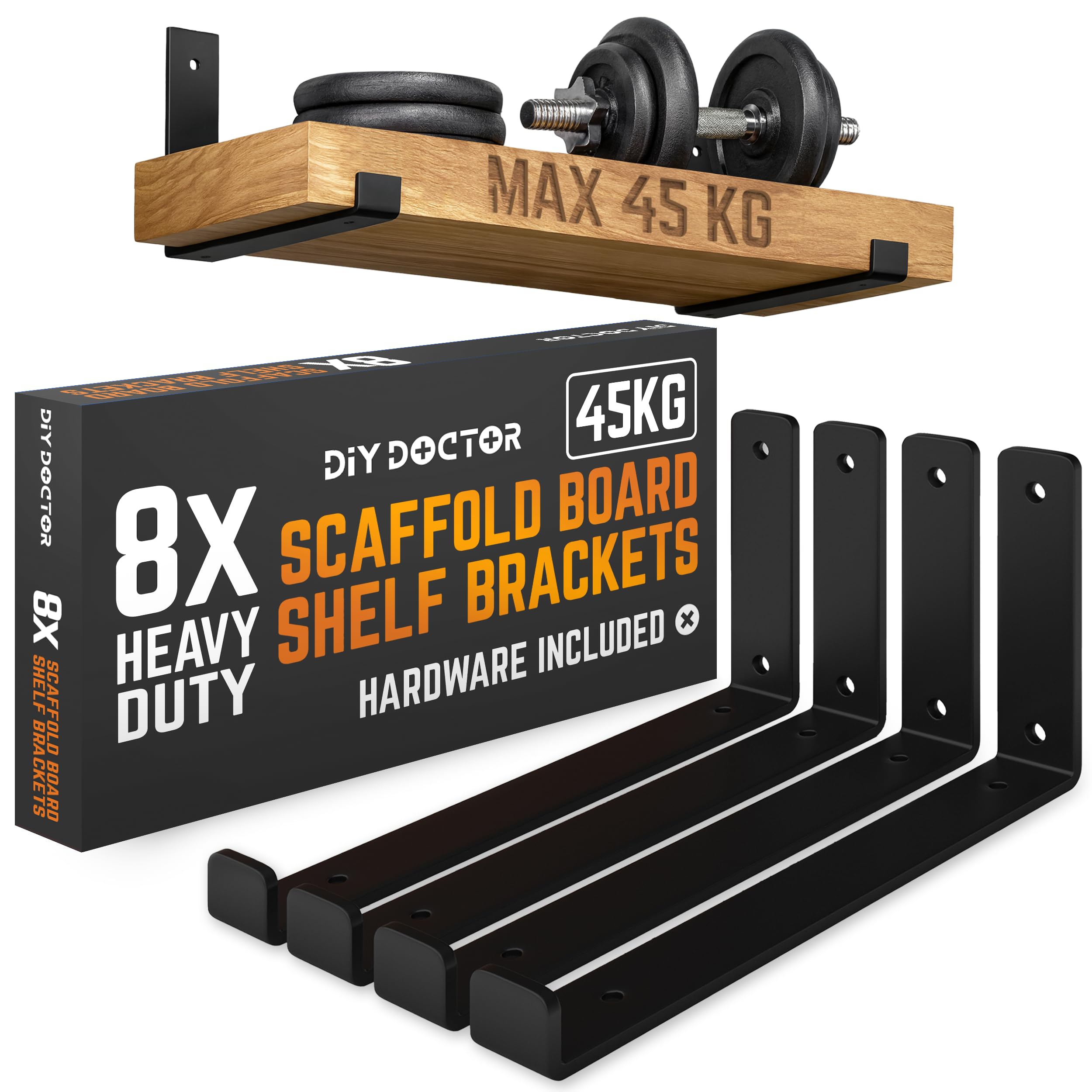 DIY Doctor Heavy-Duty Scaffold Board Shelf Brackets, Set of 8, 23.5cm, Black Industrial & Rustic Metal Shelf Supports, Wall-Mounted Storage & Home Décor