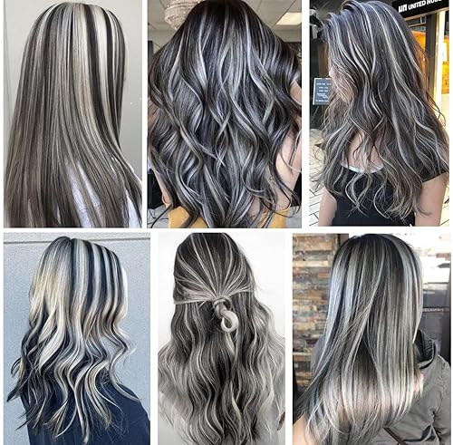 Miniatura 6 de 15 extensiones de cabello sintético de colores, multicolor, con reflejos, para fiestas, de 20 pulgadas (negro, gris, blanco, gris, gris claro)