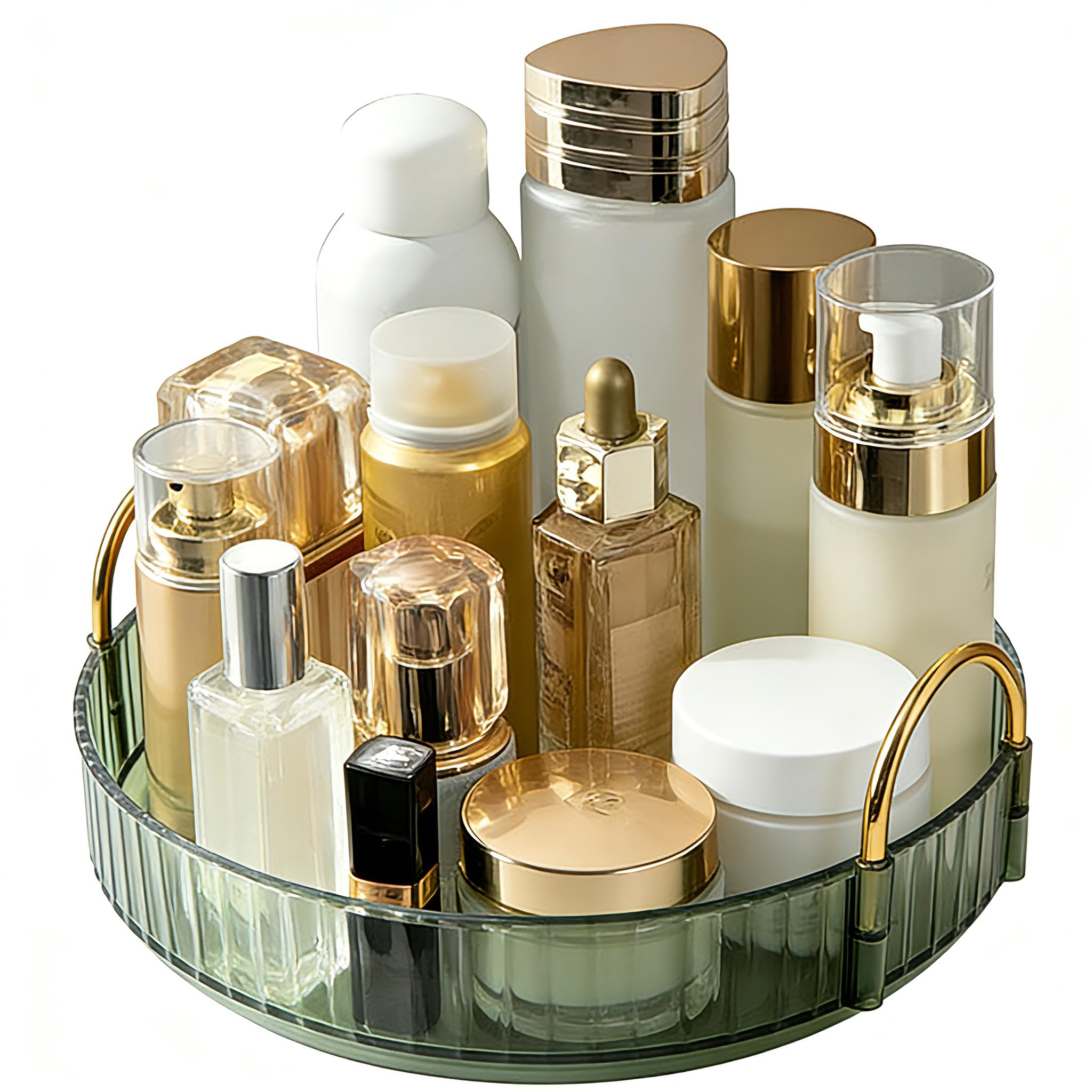360 Rotating Makeup Organiser Tray, Spinning Vanity Perfume Organizer for Cosmetics, Jewelry & Skincare, Countertop Storage Tray for Bathroom, Dresser, Desktop, Kitchen & Bedroom - Green