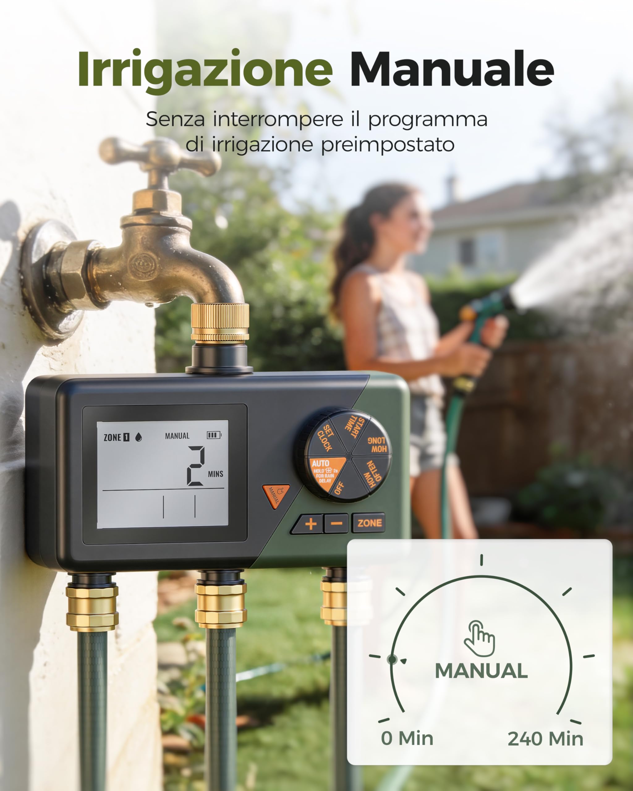 Diivoo Ottone Centralina Irrigazione 3 Vie per Giardino, Prato, Cortile | Ampio Display LCD, Ritardo Pioggia, Irrigazione Manuale