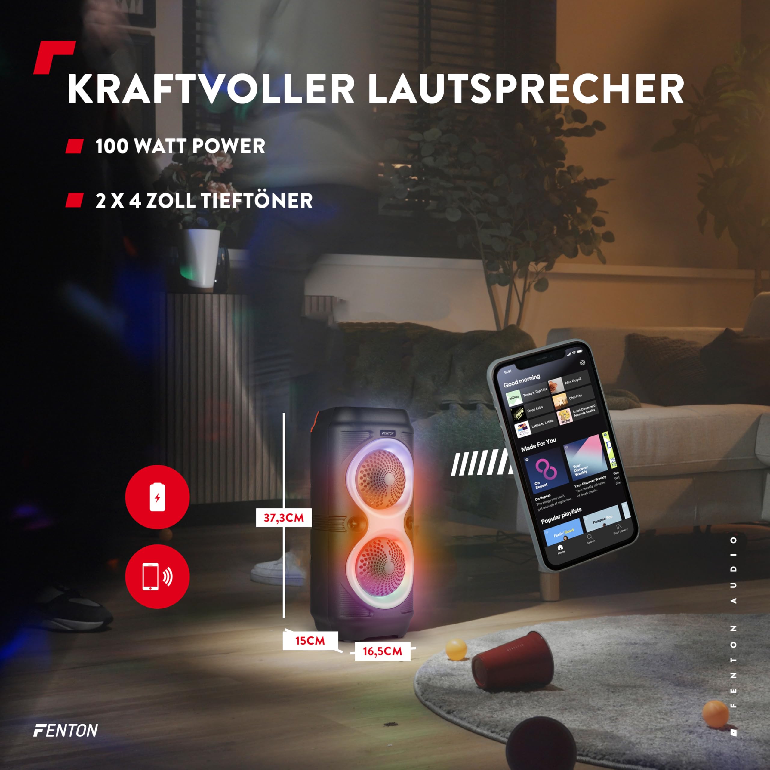 Fenton Track210 Bluetooth Lautsprecher – Party Musikbox 100 Watt mit LED Lichtshow, Akku 8 h, USB/microSD, Mikrofon Karaoke, Stereo-Paarung, tragbare PA Soundbox, Kabellose Partybox mit starkem Bass