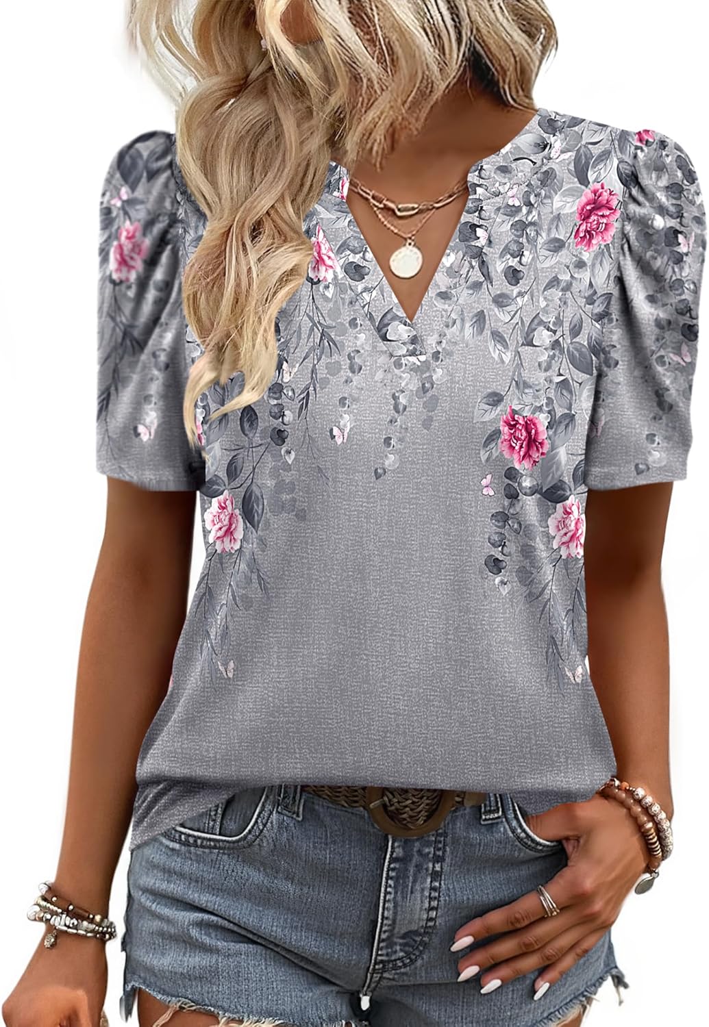 Zeagoo Women Blouses Puff Short Sleeve Tops V Neck Dressy Casual Spring Shirts Boho Floral Cute Clothes 2026