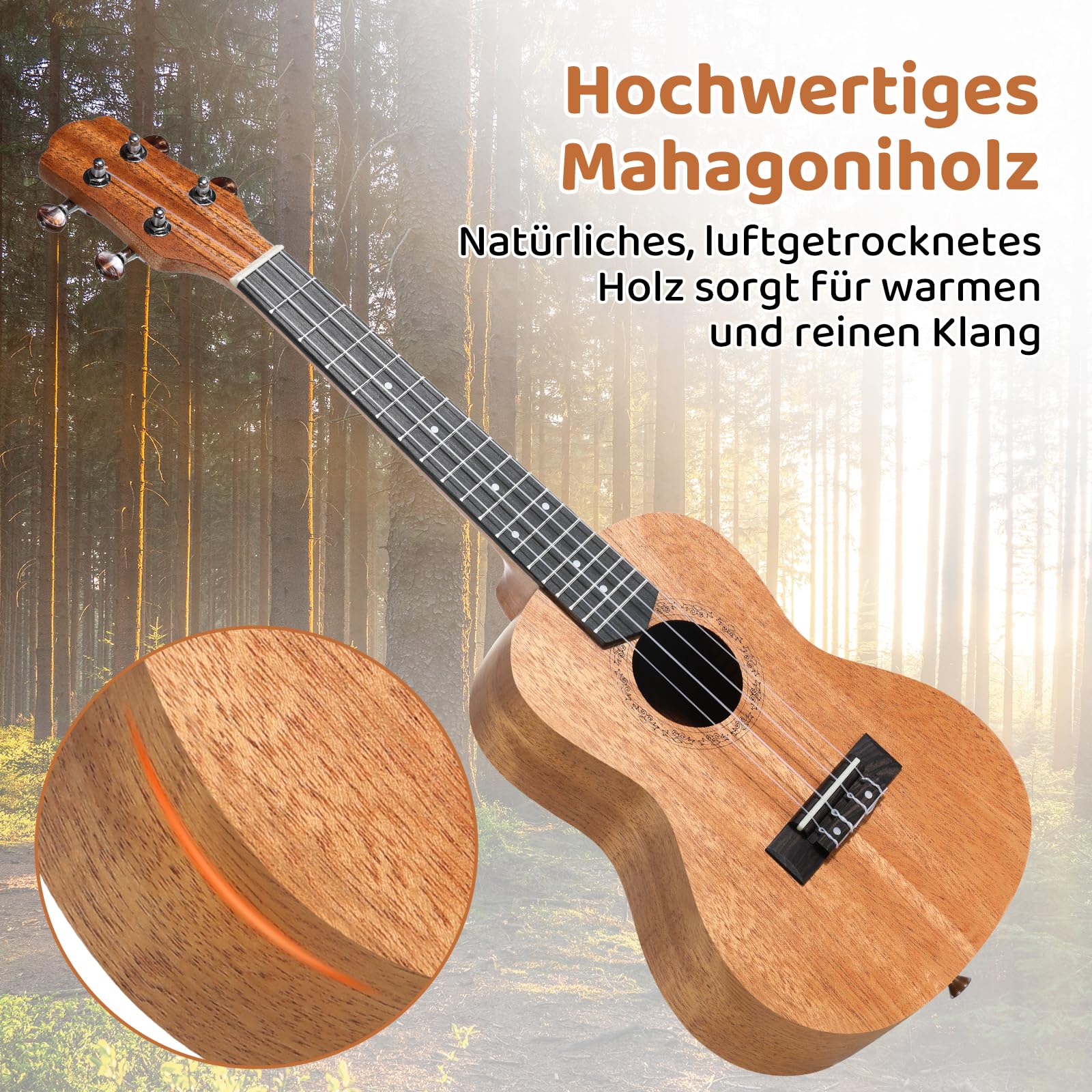 Ukulele Adulte Enfants,Ukulélé Guitare Adulte 21 Pouces,Ukulele Concert Guitare Acoustique,Ukulele Soprano en Bois d'acajou avec Cordes et Sac Transport,Guitare pour Enfants à Partir 6 ans, Marron