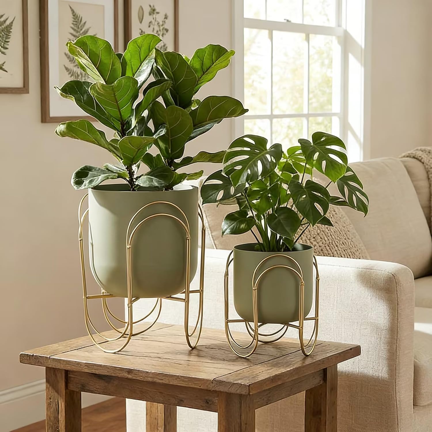 JHY DESIGN Set of 2 Planters with Stand Indoor Outdoor Metal Plant Stand 11.5/8" H Modern Planters Flower Pots for Living Room Corner Kitchen Office Garden Balcony Patio Decor(Green)